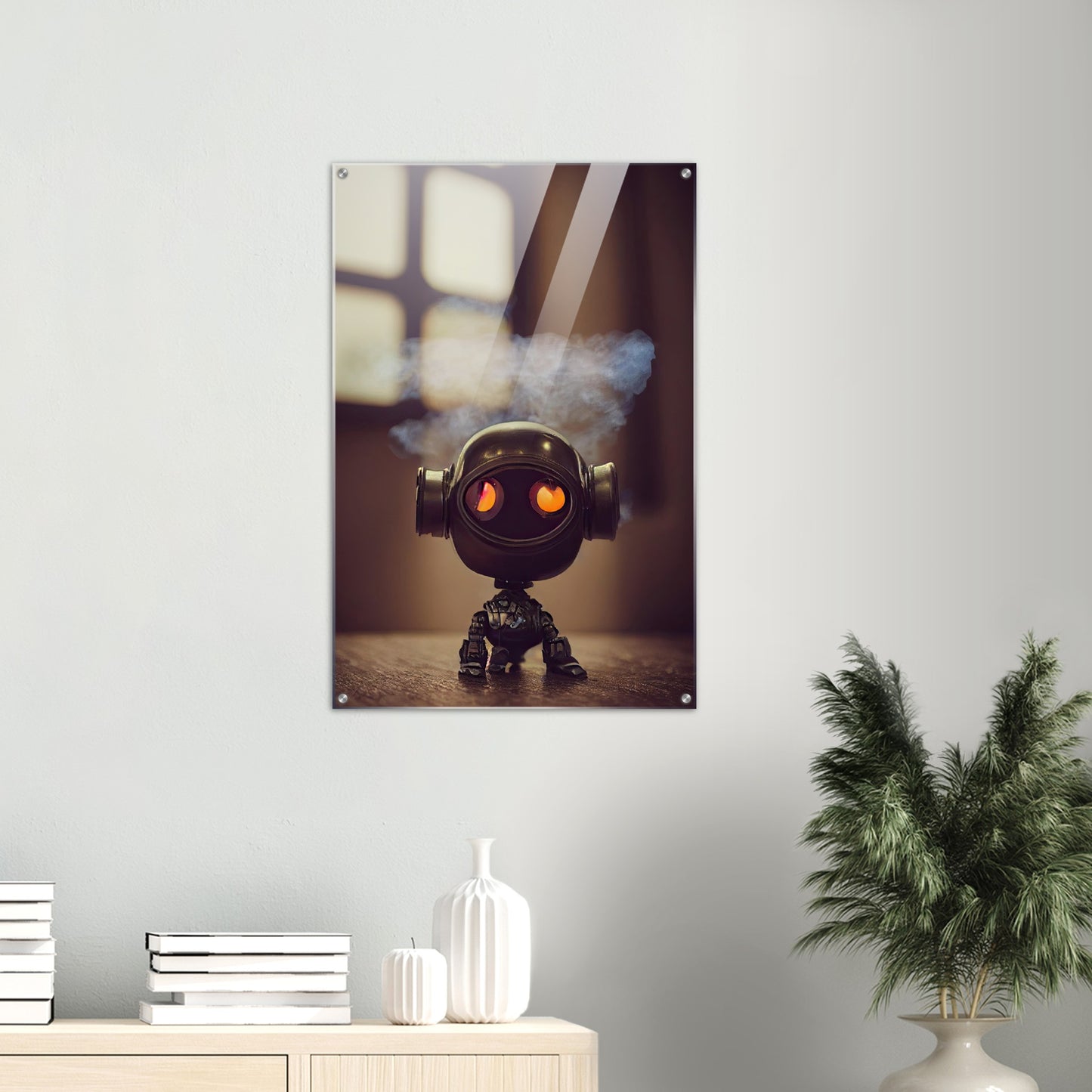 Acryldruck - in Museumsqualität - Tiny robot - with smoke around his head - "Tiny Tim" - Wandbild - Customizable Coffee Cup - Personalized Gifts - Kunstdruck - Rauchender Roboter - Steampunk - Acryldruck - Smoking Robots - Personalized Gifts - Poster with frame - nr.5 lebt - zukunft - Kunstwerk - Office Poster - Poster mit Rahmen - Kaffee Tasse  - Bedruckte Tassen - Kunst Marke - Art Brand - Wandbild - Kunstdrucke - Künstler: John Grayst & Pixelboys - emotional robots - Geschenkidee - Acrylbild -