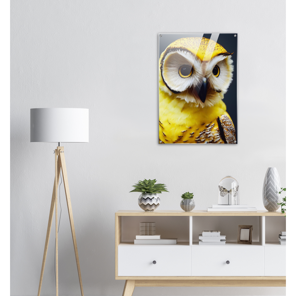 Acrylbild - Fruit Owl No. 3 - "Benny", the Banana Owl - Wandkunst - Kunstdruck - (lat. tyto musa) - Bananeneule - Schleiereulen - Fruchteulen - Vogel - Bird - Strigiformes - Noctua - Ornithologie - Kunstwerk  - Office Poster - Poster mit Rahmen - Kaffee Tasse - Poster mit Leisten - Bedruckte Tassen - Kunst Marke - Art Brand - Acryldruck - Wandbild - Kunstdrucke - Papier: 250g/qm - Künstler: John Grayst & Pixelboys - Eulen - Owl - Geschenkidee - 