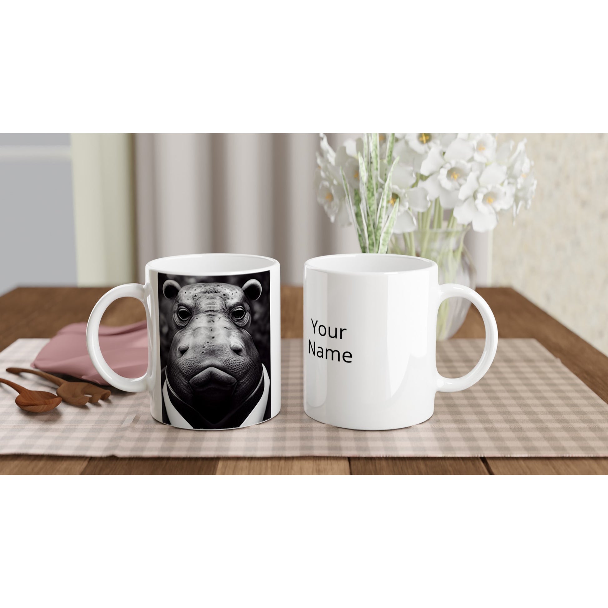 Personalisierbare Tasse - "He doesn't like it." - Business Animals No. 3 "Herbert" - Nilpferd - Bedruckte Tasse - hippo - Gastro Tasse  Geschäfts Tiere - Gastro Becher - Künstler: "John Grays" Kunstdruck - Pixelboys - Atelier - Milano - Berlin - Munich - Madrid - New York - Dubai - Paris - Tokio - Rom - Lisbon - Ottawa - Bern Switzerland - Amsterdam - Geschenkidee - Muttertag -