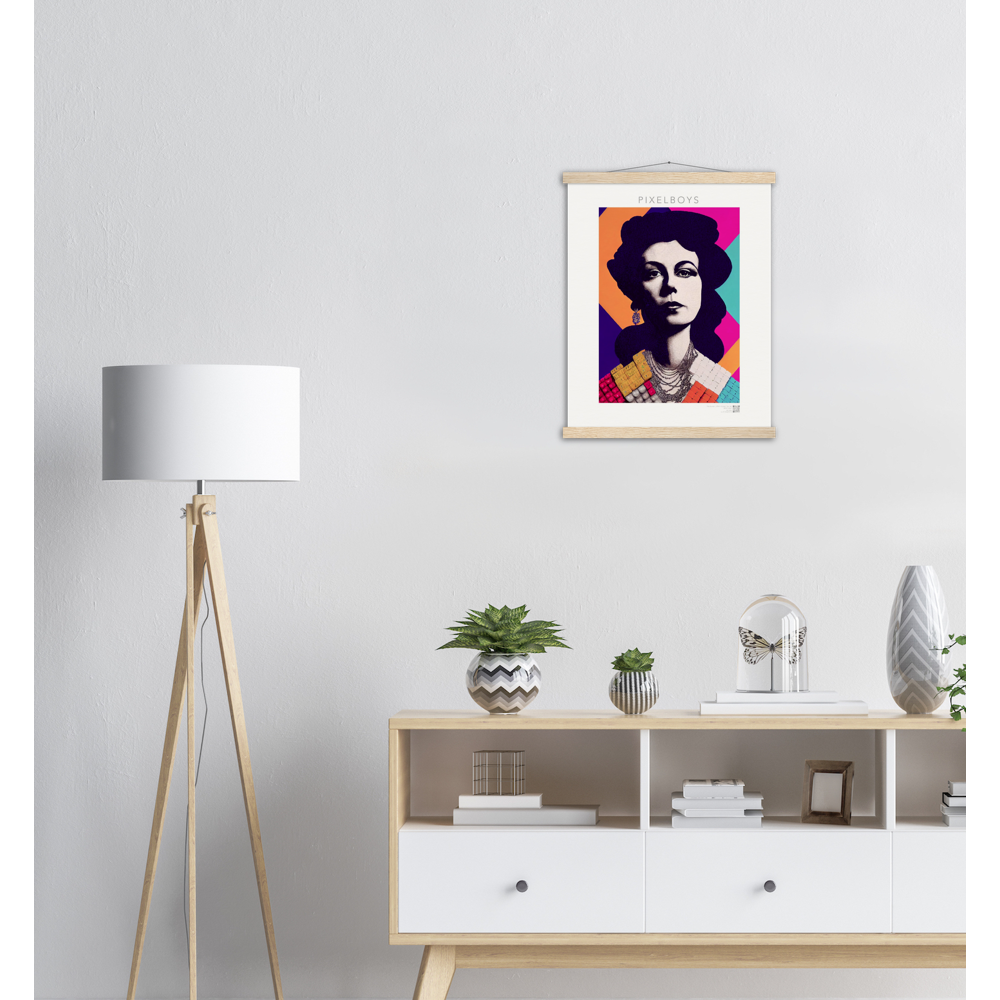  Poster mit Leisten (Holz) - in Museumsqualität - The Queen No.3 - HRH in cubes - Kunstdruck - 250g/qm - Queen Elisabeth II - Monarch - HRH - His/Her Royal Highness - Groß Britannien - Commonwealth - The Royal Family - Wandbild - Kubismus - synthetischen Kubismus - Georges Braque - Künstler: "John Grayst" - Atelier - UK - GB - London - 