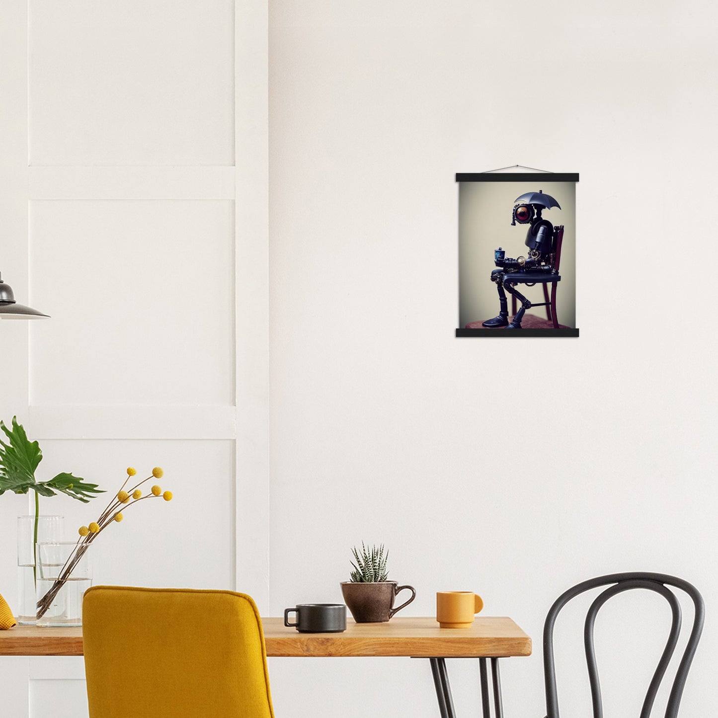  Poster mit Leisten (Holz) in Museumsqualität - Tiny robot with an umbrella "Louis" - Regenschirm - Acryldruck - Wandkunst - Customizable Coffee Cup - Personalized Gifts - Kunstdruck - Kleine Roboter - Acryldruck - Little Robots - Personalized Gifts - Tiny  - Steampunk - zukunft - Poster with frame - Kunstwerk - Office Poster - Poster mit Rahmen - Kaffee Tasse - Poster - Bedruckte Tassen - Kunst Marke - Art Brand - Kunstdrucke - Künstler: John Grayst & Pixelboys - emotional robots - Geschenkidee -