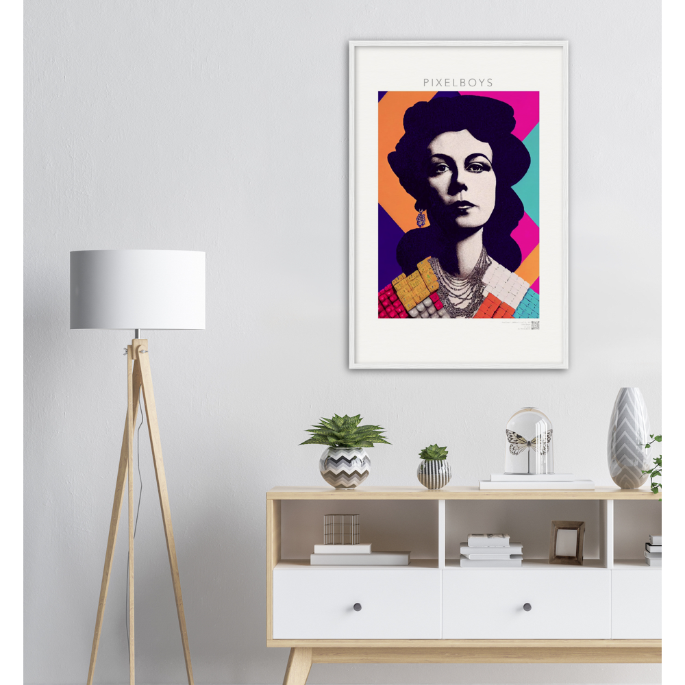 Poster mit Rahmen (Holz) - in Museumsqualität - The Queen No.3 - HRH in cubes - Kunstdruck - 250g/qm - Queen Elisabeth II - Monarch - HRH - His/Her Royal Highness - Groß Britannien - Commonwealth - The Royal Family - Wandbild - Kubismus - synthetischen Kubismus - Georges Braque - Künstler: "John Grayst" - Atelier - UK - GB - London - RIP 