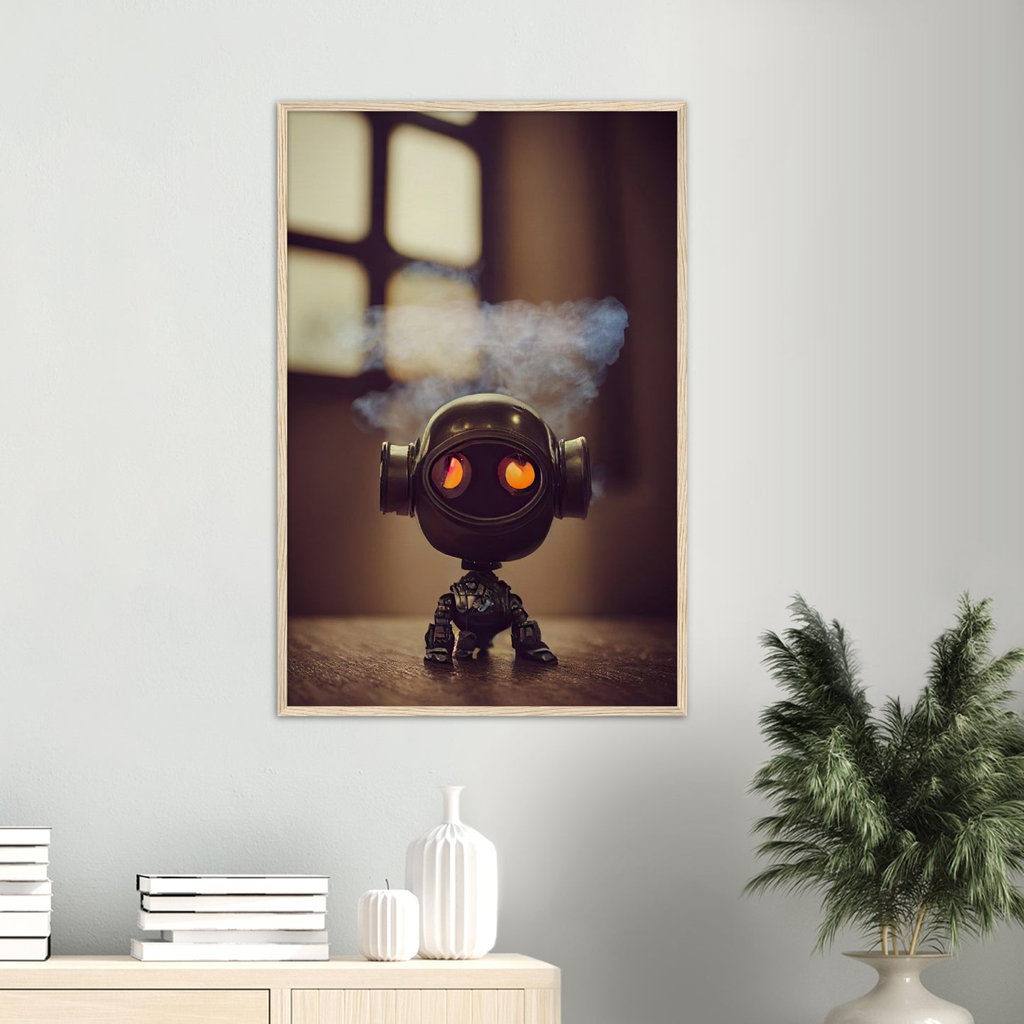 Poster mit Rahmen (Holz) - in Museumsqualität - Tiny robot - with smoke around his head - "Tiny Tim" - Wandbild - Customizable Coffee Cup - Personalized Gifts - Kunstdruck - Rauchender Roboter - Steampunk - Acryldruck - Smoking Robots - Personalized Gifts - Poster with frame - nr.5 lebt - zukunft - Kunstwerk - Office Poster - Poster mit Rahmen - Kaffee Tasse  - Bedruckte Tassen - Kunst Marke - Art Brand - Wandbild - Kunstdrucke - Künstler: John Grayst & Pixelboys - emotional robots - Geschenkidee -