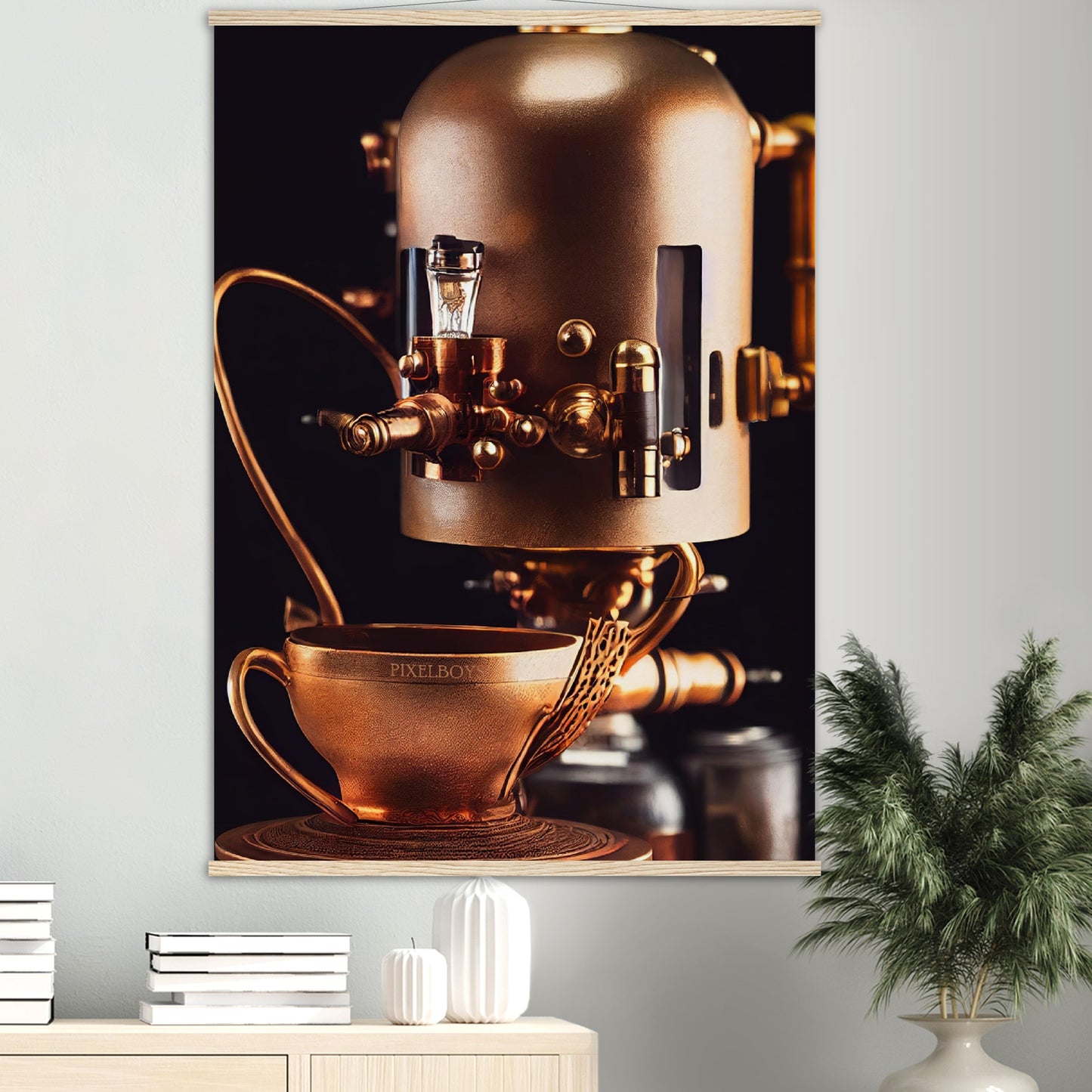 Poster mit Leisten (Holz) - Steampunk - Coffee Maker - No.7 - Collection Cup - Pixelboys - Wandbild - Kunstwerk - Hotelkunst - Kunst auf Postern - Fine Art - Steampunk - Future - Maschine - Poster with frame - Office Poster - Art Brand - Pixelboys - Coffee House - Restaurant Poster - Wall Art - Kunstdruck - Geschenkidee - Kunst auf Acrylglas - Future Coffee Cup - Personalisierbare Tasse - Gastro Tasse - exklusiv - Acryldruck - Gastronomie Poster - Hotelposter - Teestube - Steam Punk Kitchen -   