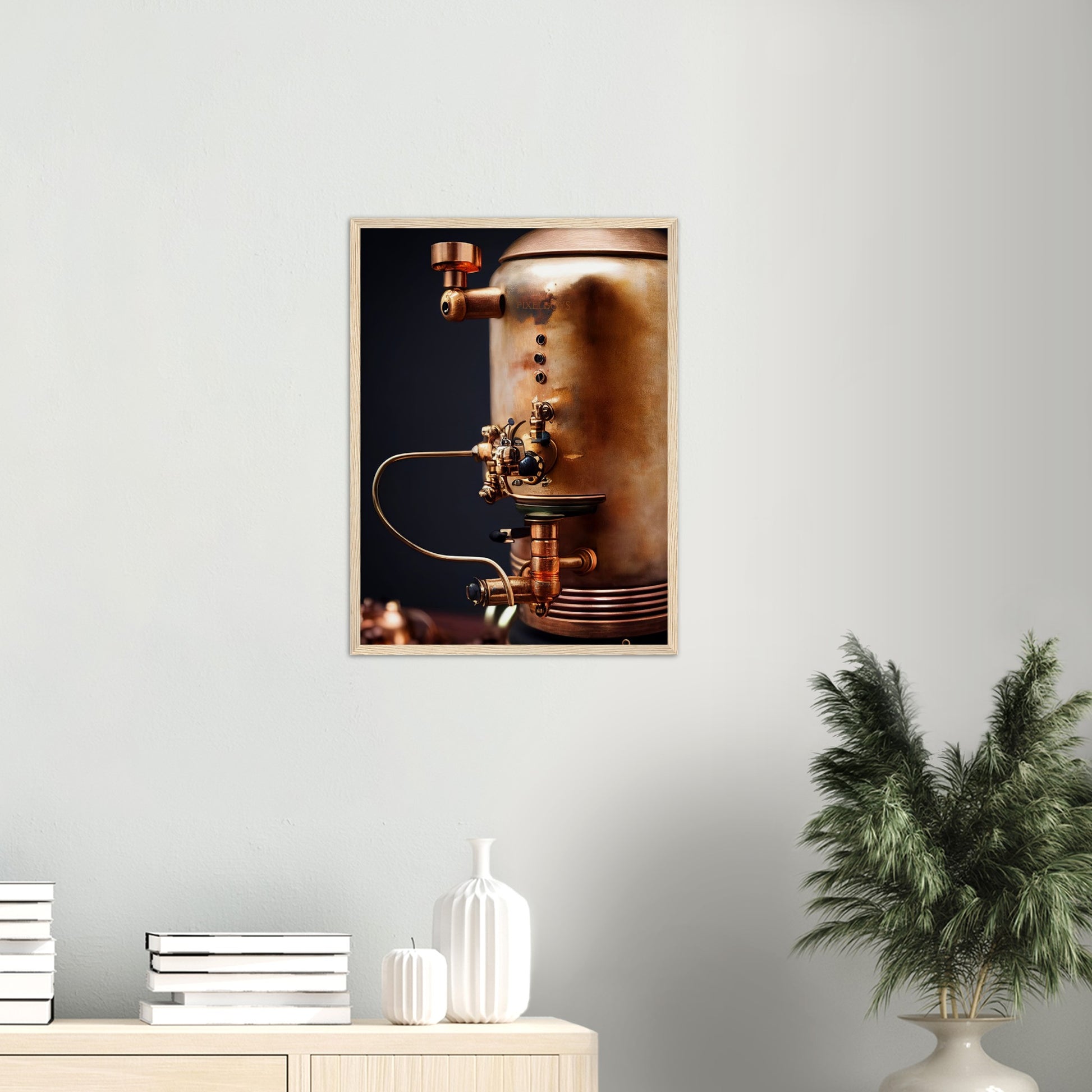  Poster mit Rahmen (Holz) - Steampunk - Coffee Maker - No.5 - Collection Cup - Pixelboys - Wandbild - Kunstwerk - Hotelkunst - Kunst auf Postern - Fine Art - Steampunk - Future - Maschine - Poster with frame - Office Poster - Art Brand - Pixelboys - Coffee House - Restaurant Poster - Wall Art - Kunstdruck - Geschenkidee - Kunst auf Acrylglas - Future Coffee Cup - Personalisierbare Tasse - Gastro Tasse - exklusiv - Acryldruck - Gastronomie Poster - Hotelposter - Steam Punk Kitchen -   