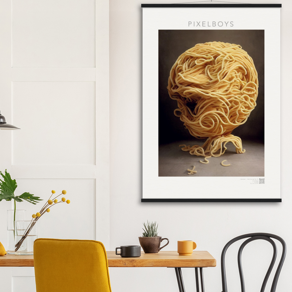 Poster mit Leisten (Holz) - Pastarized "The Shaping" - No.2 - Kunstwerk aus Nudeln - Kunst Marke - Pixelboys - Kunstdruck - Wandbild - Kunstdrucke - Papier: 250g/qm - Künstler: John Grayst & Pixelboys - Italienische Pasta Kunst - Küche- Italienisches Restaurant - China Restaurant - Japan Restaurant -  Pasta Liebe - Nudeln - Face - Atelier - Italien - Mailand - Neapel - Rom - Turin  