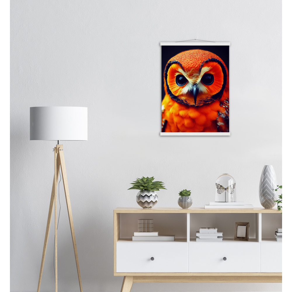 Poster mit Leisten (Holz) - Fruit Owl No. 1 - "Orangina", the orange owl - Serie Fruit Owls - Schleiereulen - lat. Tytonidae - Fruchteulen - Vogel - Bird - Strigiformes - Noctua - Ornithologie - Kunstwerk - Acryldruck - Poster mit Rahmen - Poster mit Leisten - Bedruckte Tassen - Kunst Marke - Art Brand - Pixelboys - Kunstdruck - Acrylbild - Wandbild - Kunstdrucke - Papier: 250g/qm - Künstler: John Grayst & Pixelboys - Eulen - Owl-  - Atelier - England - London - Birmingham - Manchester - Leeds - Liverpool  