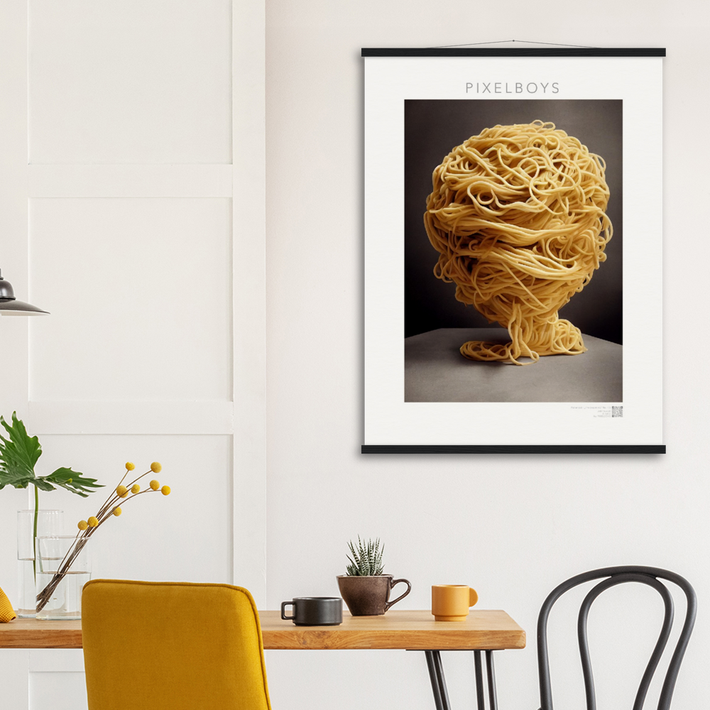 Poster mit Leisten (Holz) - Pastarized "The Beginning" - No.1 - Kunst Marke - Pixelboys - Kunstdruck - Papier: 250g/qm - Künstler: John Grayst & Pixelboys -  Pasta Liebe - Nudeln - Face - Atelier - Italien - Mailand - Neapel - Rom - Turin