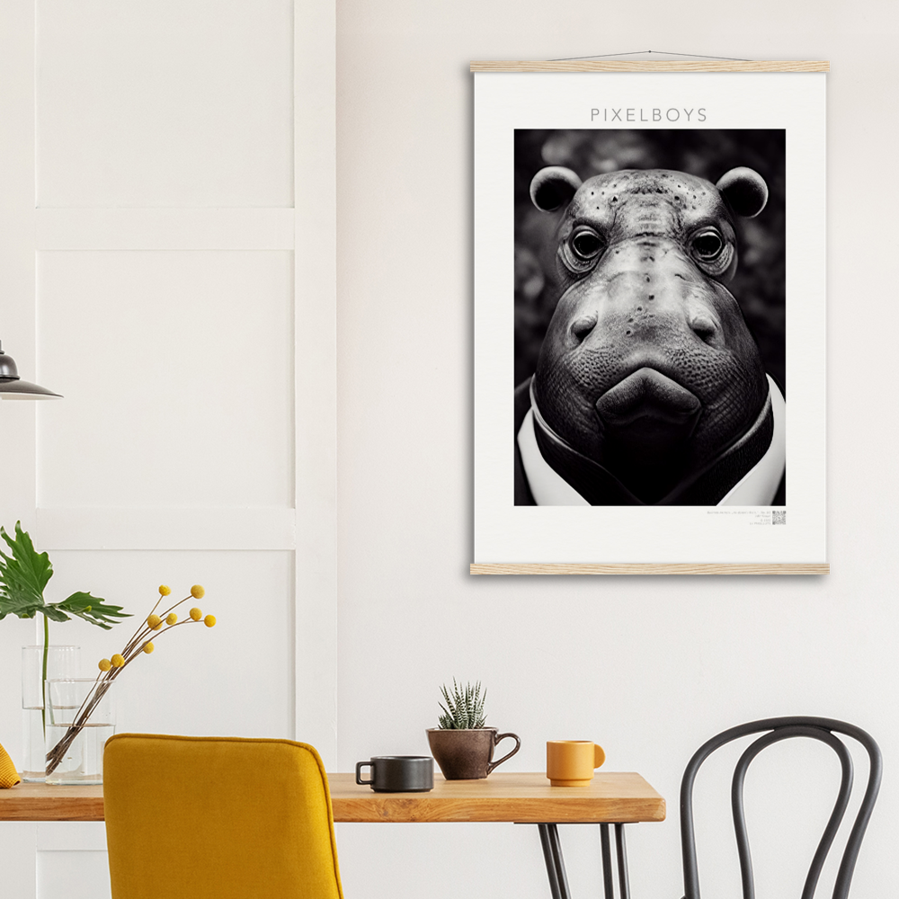 Poster mit Leisten (Holz) - "He doesn't like it." - Business Animals No. 3 "Herbert das Nilpferd" - Künstler: "John Grayst" Kunstdruck - Wandbild - Pixelboys - Atelier - Milano - Berlin - Munich - Madrid - New York - Dubai - Paris - Tokio - Rom - Lisbon - Ottawa - Bern Switzerland - Amsterdam - Seoul - Vancouver - Antwerpen - Cologne - Wellington -