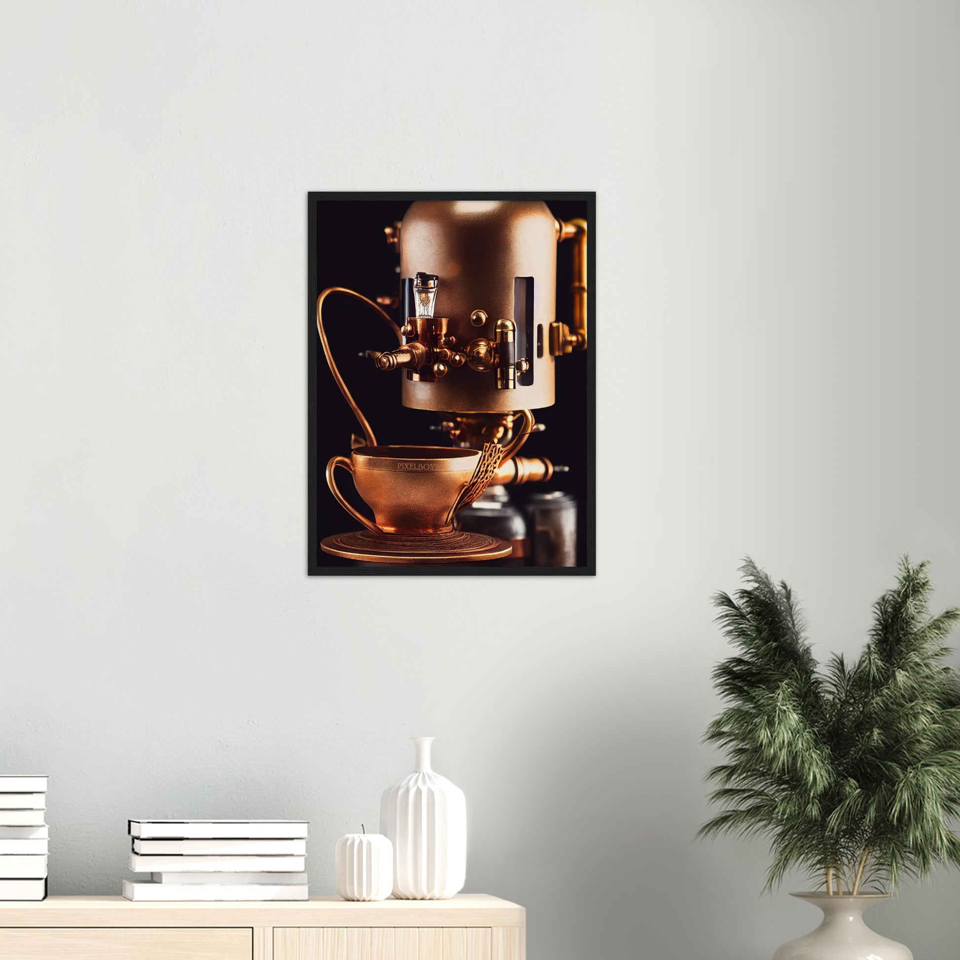 Poster mit Rahmen (Holz) - Steampunk - Coffee Maker - No.7 - Collection Cup - Pixelboys - Wandbild - Kunstwerk - Hotelkunst - Kunst auf Postern - Fine Art - Steampunk - Future - Maschine - Poster with frame - Office Poster - Art Brand - Pixelboys - Coffee House - Restaurant Poster - Wall Art - Kunstdruck - Geschenkidee - Kunst auf Acrylglas - Future Coffee Cup - Personalisierbare Tasse - Gastro Tasse - exklusiv - Acryldruck - Gastronomie Poster - Hotelposter - Teestube - Steam Punk Kitchen -   