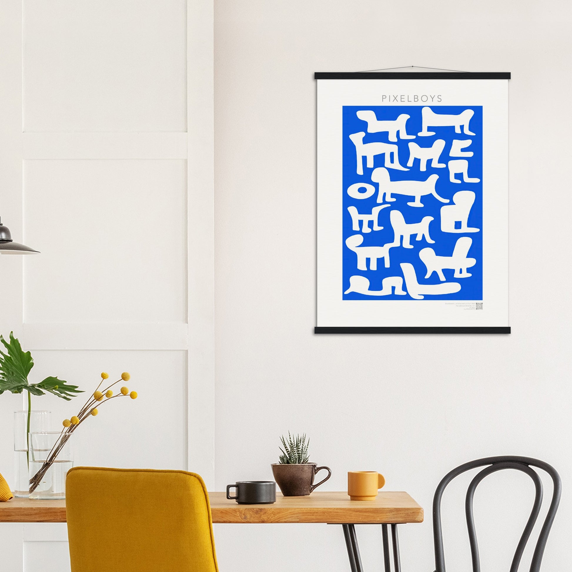 Poster mit Leisten (Holz) - in Museumsqualität - Doodlemania "weird animals on blue" - No.1 - Hunde - Katzen - Doodle Kunst - Poster mit Rahmen - doodle artwork - Acrylbild - Kunstdruck - Wandbild - office Poster - Poster with frame -  Künstler: Pixelboys & The Unknown Artist Nb.517 - keith haring - anti stress art - Art Brand - 