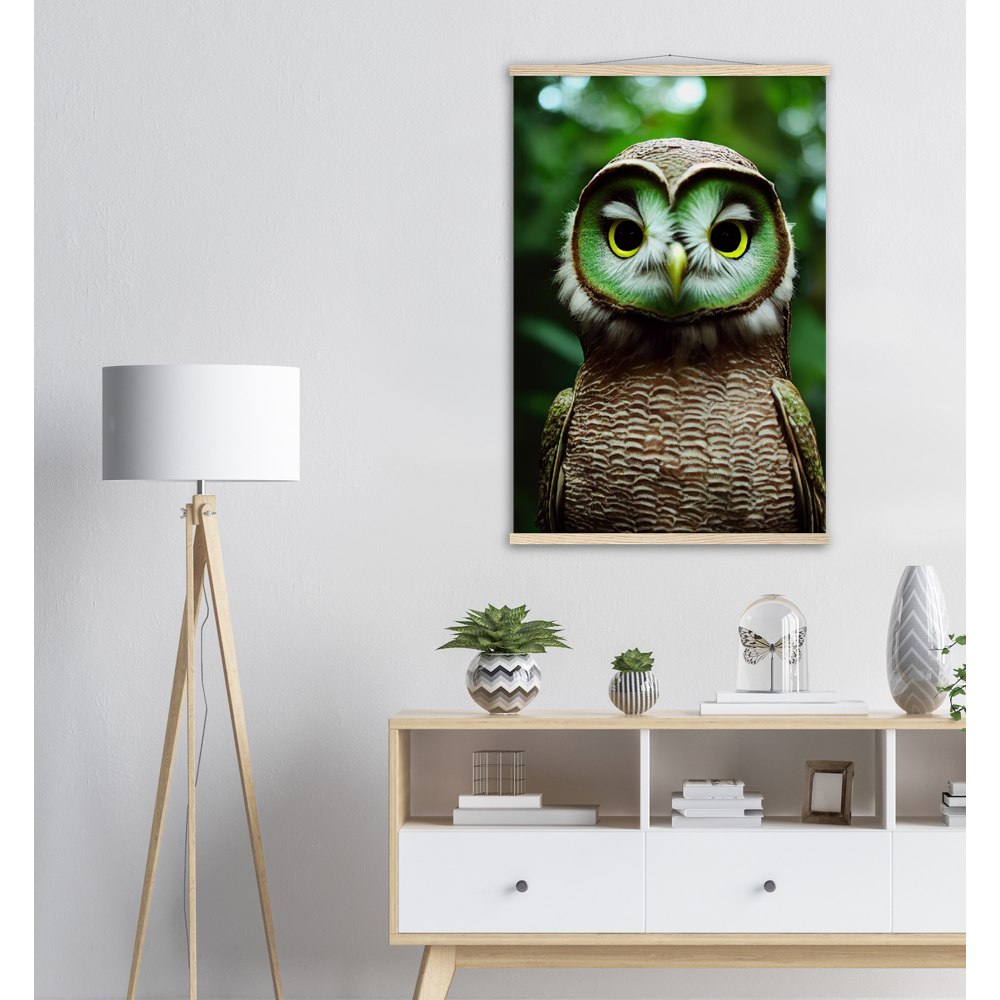 Poster mit Leisten (Holz) - Fruit Owl No. 4 - "Kiki", the Kiwi Owl - Wandkunst - Kunstdruck - (lat. tyto actinidia) - Kiwi Eule - Kiwi Owl - Fruchteulen - Vogel - Bird - Strigiformes - Noctua - Ornithologie - Kunstwerk  - Office Poster - Poster mit Rahmen - Kaffee Tasse - Poster mit Leisten - Bedruckte Tassen - Kunst Marke - Art Brand - Acryldruck - Wandbild - Kunstdrucke - Papier: 250g/qm - Künstler: John Grayst & Pixelboys - Eulen - Owl - Geschenkidee - 