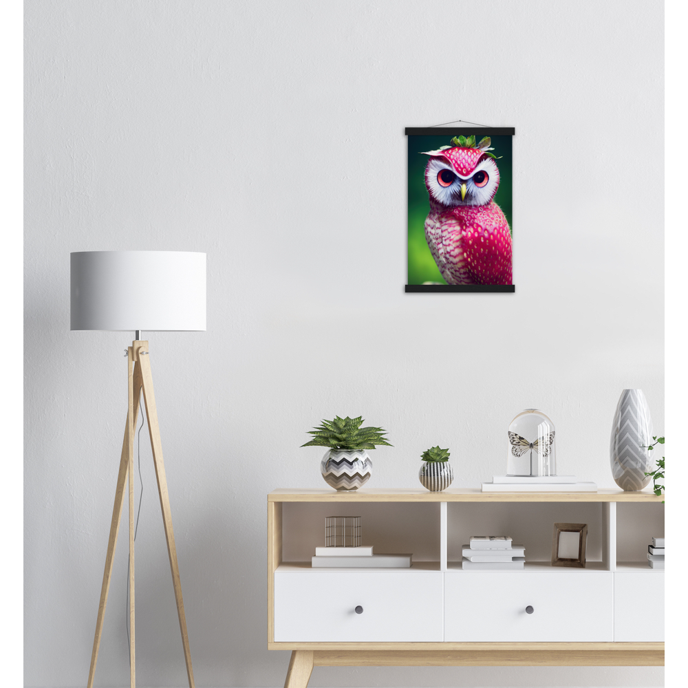 Poster mit Leisten (Holz) - Fruit Owl No. 2 - "Berry", the Strawberry Owl - Serie Fruit Owls - Wandkunst - Kunstdruck - (fiktiv: lat.  Pulsatrix Fragaria) - Erdbeere - Schleiereulen - Fruchteulen - Vogel - Bird - Strigiformes - Noctua - Ornithologie - Kunstwerk  - Office Poster - Poster mit Rahmen - Kaffee Tasse - Poster mit Leisten - Bedruckte Tassen - Kunst Marke - Art Brand - Acrylbild - Wandbild - Kunstdrucke - Papier: 250g/qm - Künstler: John Grayst & Pixelboys - Eulen - Owl - Geschenkidee - 