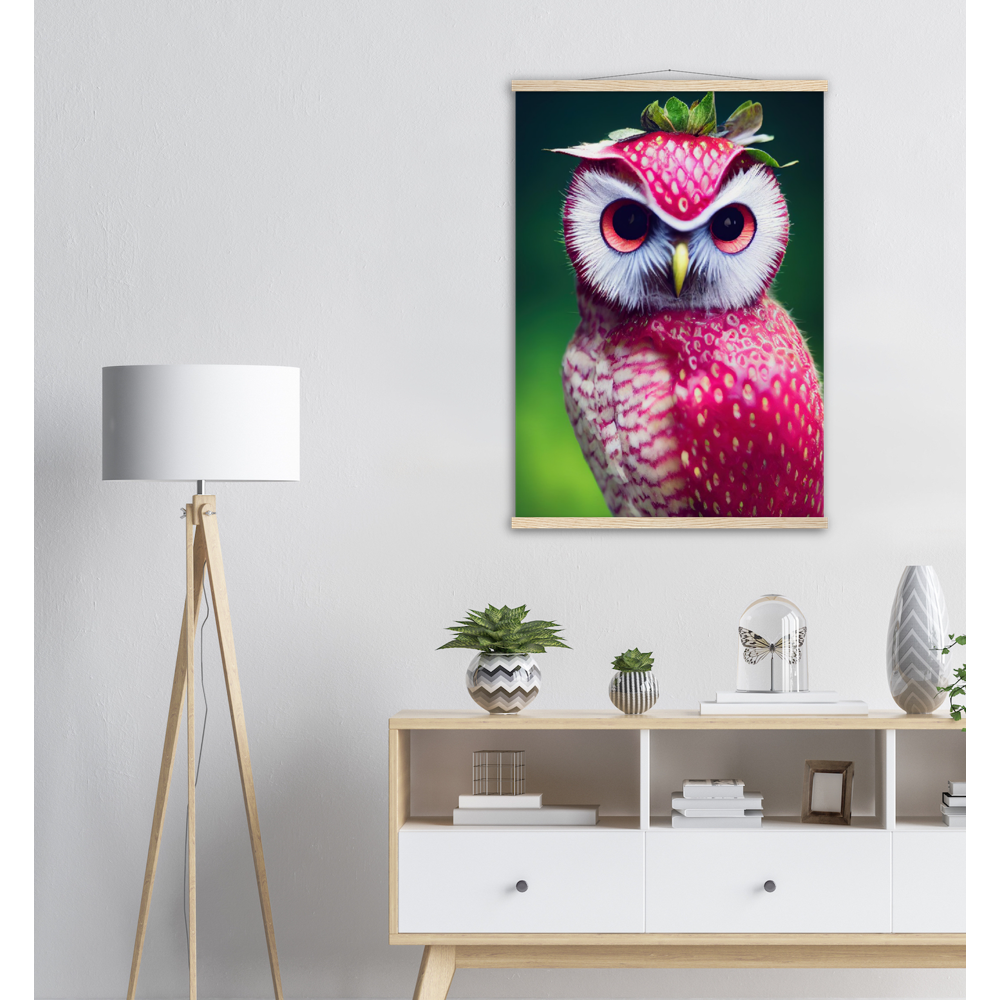 Poster mit Leisten (Holz) - Fruit Owl No. 2 - "Berry", the Strawberry Owl - Serie Fruit Owls - Wandkunst - Kunstdruck - (fiktiv: lat.  Pulsatrix Fragaria) - Erdbeere - Schleiereulen - Fruchteulen - Vogel - Bird - Strigiformes - Noctua - Ornithologie - Kunstwerk  - Office Poster - Poster mit Rahmen - Kaffee Tasse - Poster mit Leisten - Bedruckte Tassen - Kunst Marke - Art Brand - Acrylbild - Wandbild - Kunstdrucke - Papier: 250g/qm - Künstler: John Grayst & Pixelboys - Eulen - Owl - Geschenkidee - 