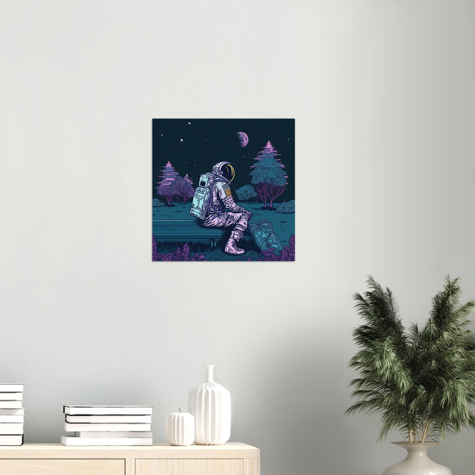 Poster in Museumsqualität - Stargazing Astronaut - John - Illustration - Astronaut - Parkbank - Rocketman - Posterleisten - USA - Fineart - Posterrahmen  - Wandkunst - Holzrahmen - Poster with frame - artwork - art brand - printed cup personalized - Holzleisten - pixelboys - Kunstdrucke - wandbilder - wall art - Kunst auf Tassen  - Office Poster - Gastrotassen - Wanddekoration - Acrylkunst - Geschenkidee - Office Poster - Acryldruck - Abstrakte Kunst -