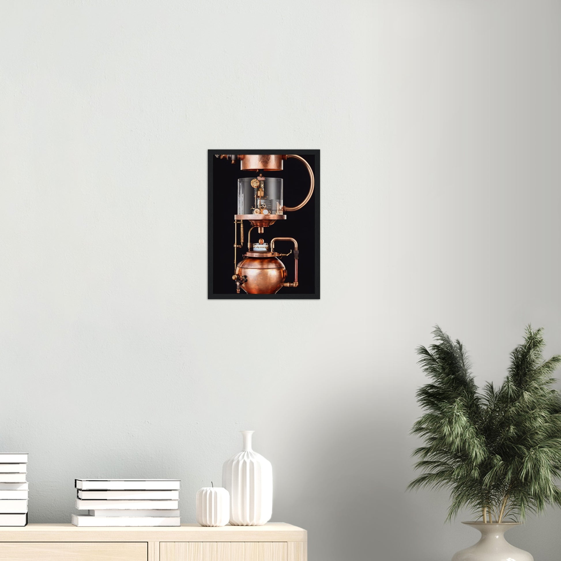 Poster mit Rahmen (Holz) - Steampunk - Coffee Maker - No.6 - Collection Cup - Pixelboys - Wandbild - Kunstwerk - Hotelkunst - Kunst auf Postern - Fine Art - Steampunk - Future - Maschine - Poster with frame - Office Poster - Art Brand - Pixelboys - Coffee House - Restaurant Poster - Wall Art - Kunstdruck - Geschenkidee - Kunst auf Acrylglas - Future Coffee Cup - Personalisierbare Tasse - Gastro Tasse - exklusiv - Acryldruck - Gastronomie Poster - Hotelposter - Teestube - Steam Punk Kitchen -   