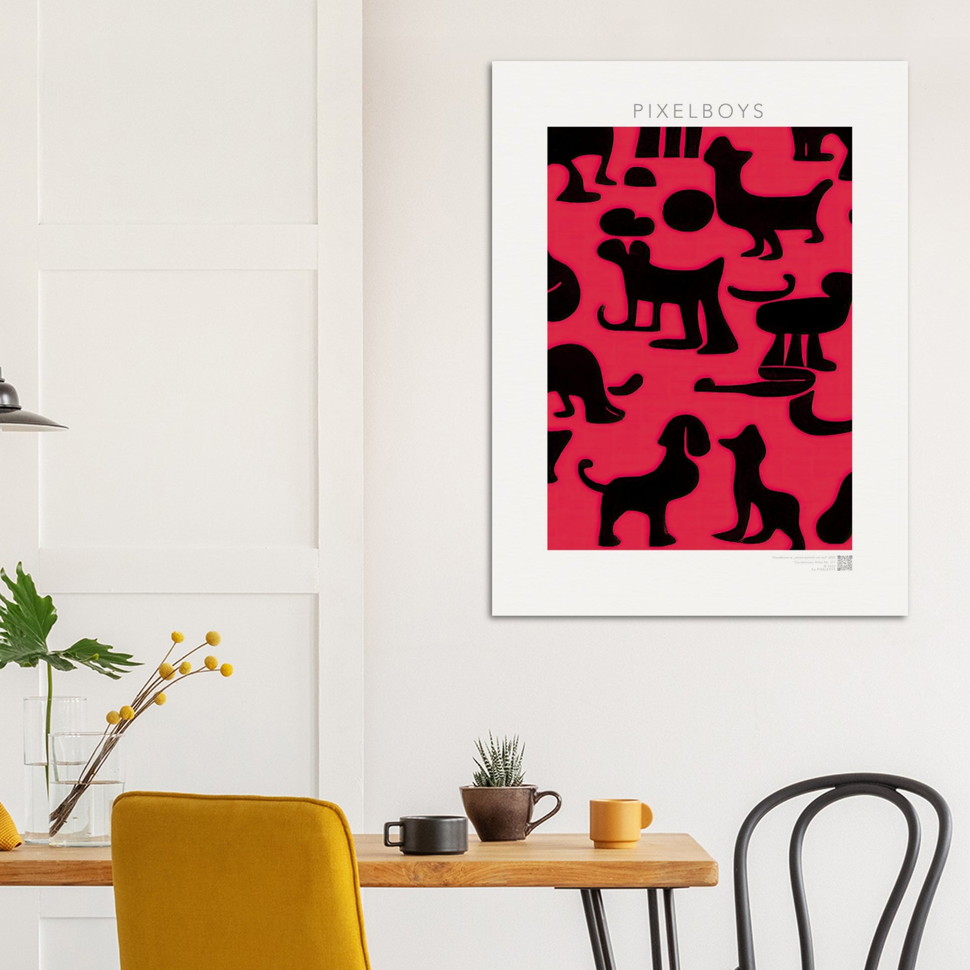 Poster in Museumsqualität - Doodlemania "weird animals on red"- No.2 - Hunde - Katzen - Doodle Kunst - dogs - Cats - gastro - Poster mit Rahmen - doodle artwork - Acrylbild - Kunstdruck - Wandbild - office Poster - Poster with frame -  Künstler: Pixelboys & The Unknown Artist Nb.517 - keith haring - anti stress art - Art Brand - 