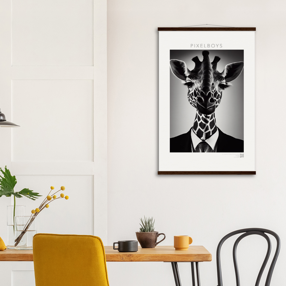 Poster mit Leisten (Holz) - "The giraffe knows" - Business Animals No. 2 "Bridget" - Künstler: "John Grayst" Kunstdruck - Wandbild - Poster - Pixelboys - Atelier - Milano - Berlin - Munich - Madrid - New York - Dubai - Paris - Tokio - Rom - Lisbon - Ottawa - Bern Switzerland - Amsterdam - Seoul - Vancouver - Antwerpen -