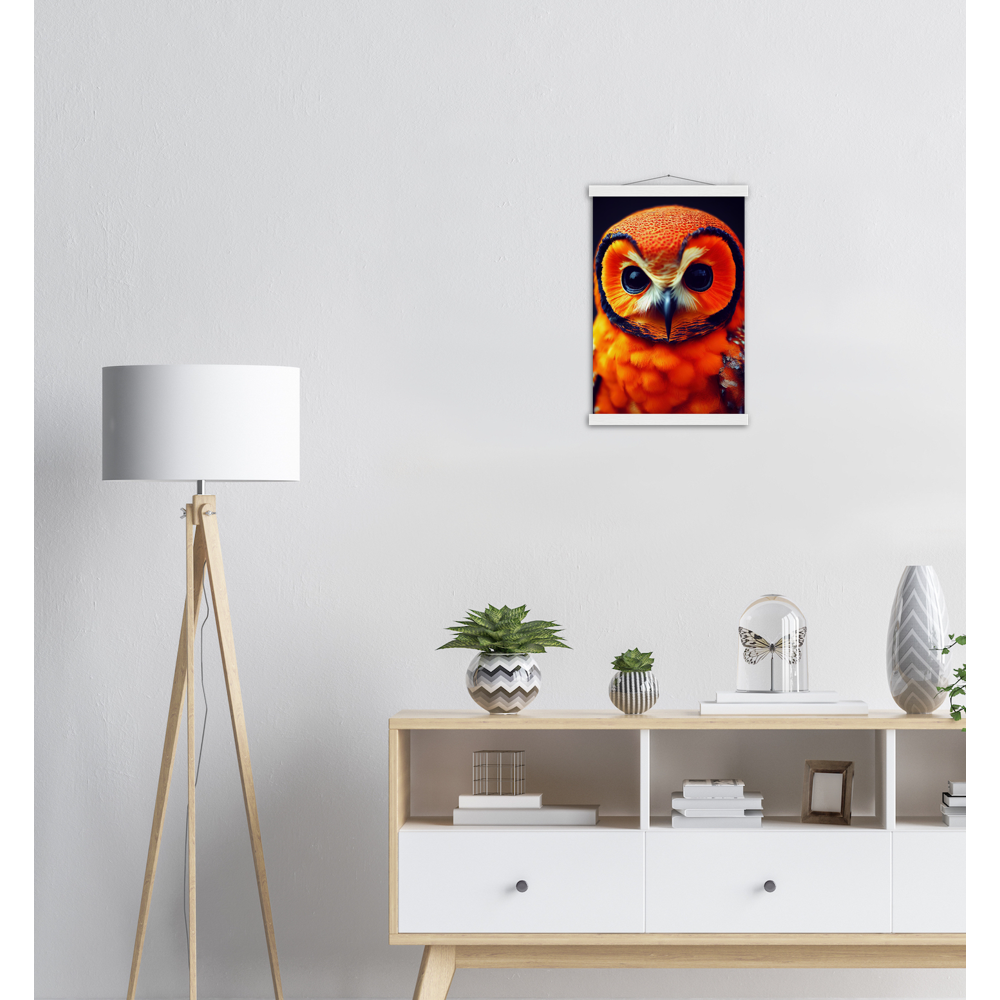 Poster mit Leisten (Holz) - Fruit Owl No. 1 - "Orangina", the orange owl - Serie Fruit Owls - Schleiereulen - lat. Tytonidae - Fruchteulen - Vogel - Bird - Strigiformes - Noctua - Ornithologie - Kunstwerk - Acryldruck - Poster mit Rahmen - Poster mit Leisten - Bedruckte Tassen - Kunst Marke - Art Brand - Pixelboys - Kunstdruck - Acrylbild - Wandbild - Kunstdrucke - Papier: 250g/qm - Künstler: John Grayst & Pixelboys - Eulen - Owl-  - Atelier - England - London - Birmingham - Manchester - Leeds - Liverpool  