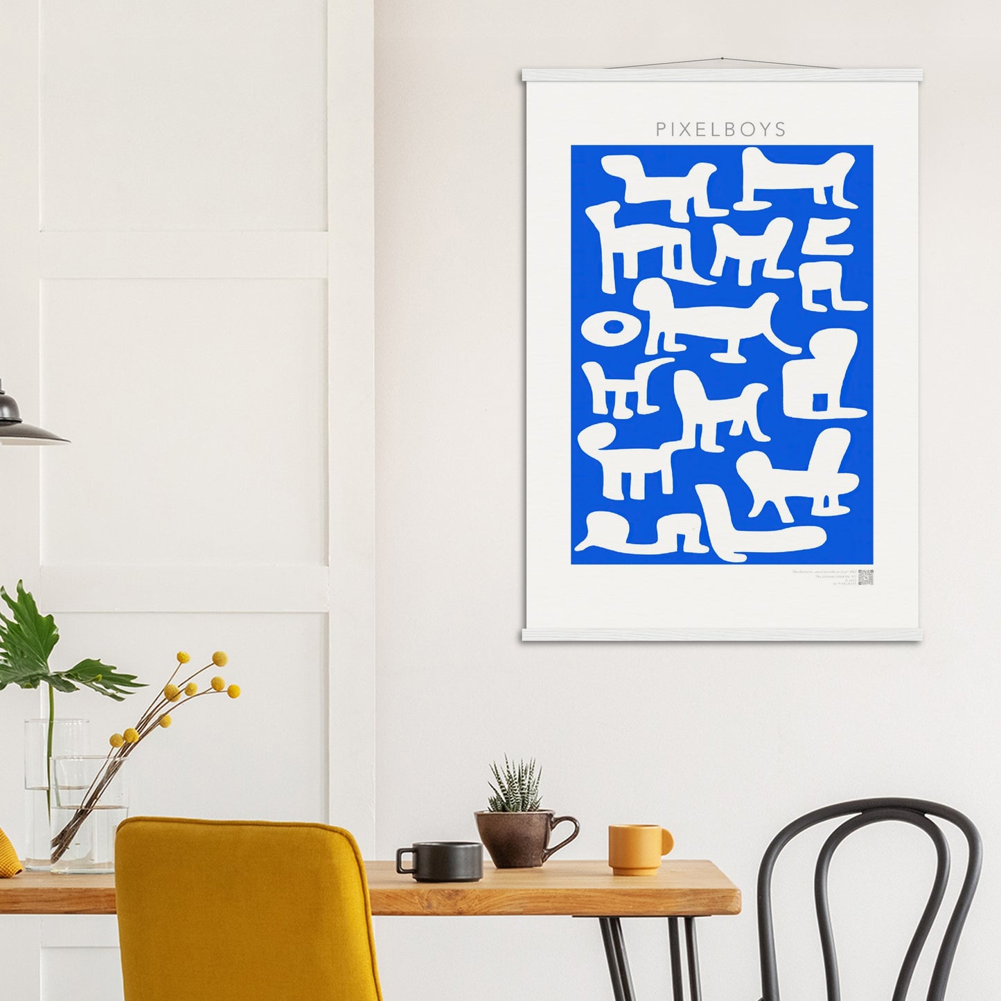 Poster mit Leisten (Holz) - in Museumsqualität - Doodlemania "weird animals on blue" - No.1 - Hunde - Katzen - Doodle Kunst - Poster mit Rahmen - doodle artwork - Acrylbild - Kunstdruck - Wandbild - office Poster - Poster with frame -  Künstler: Pixelboys & The Unknown Artist Nb.517 - keith haring - anti stress art - Art Brand - 