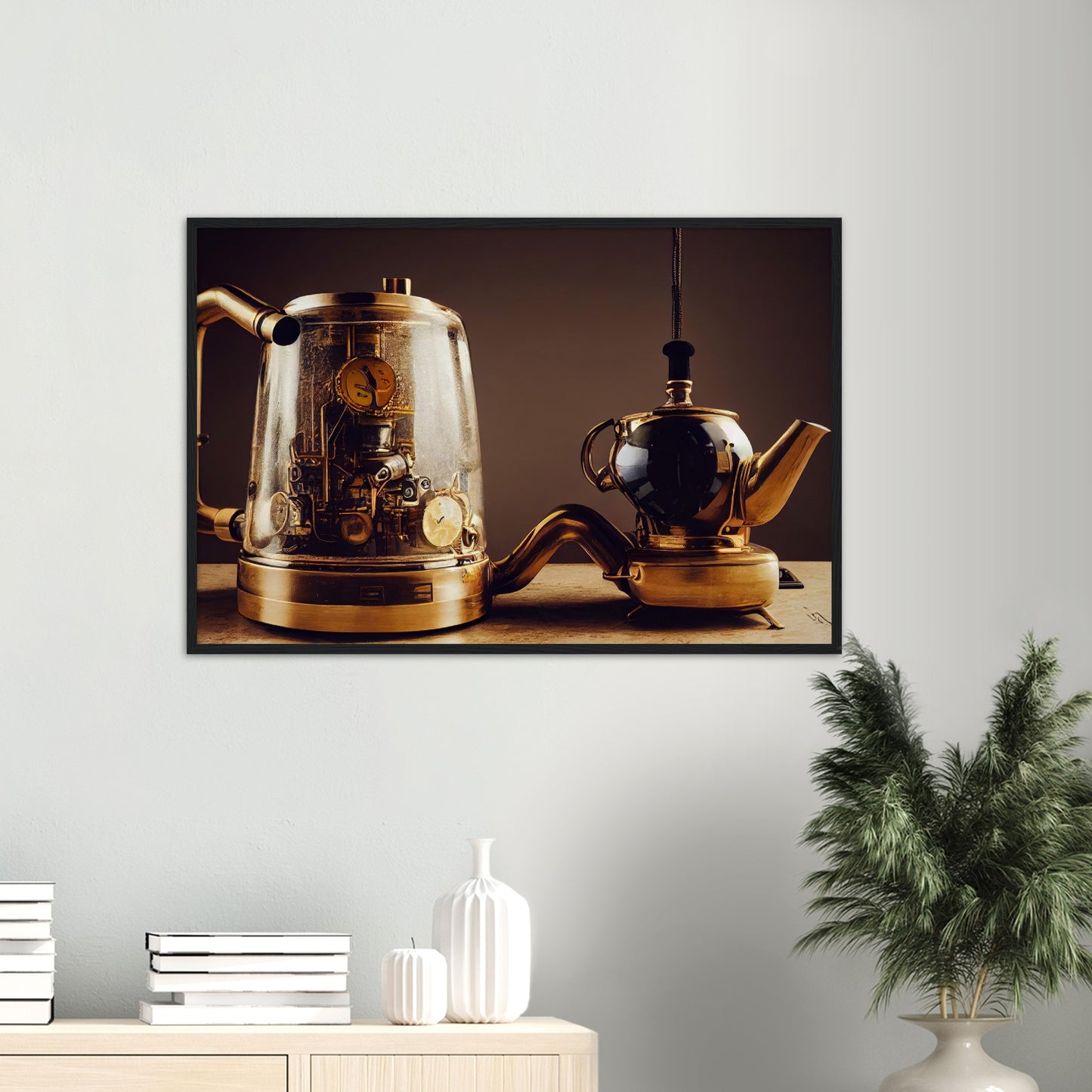 Poster mit Rahmen (Holz) - in Museumsqualität - Steampunk - Coffee Maker - No.2 - Pixelboys - Wandbild - Kunstwerk - Hotelkunst - Kunst auf Postern - Fine Art - Steampunk - Future - Maschine - Poster with frame - Office Poster - Art Brand - Pixelboys - Coffee House - Restaurant Poster - Schöner Wohnen - Dekoration - Wall Art - Kunstdruck - Geschenkidee - Kunst auf Acrylglas - Future Coffee Cup - Personalisierbare Tasse - Gastro Poster -  Gewerbliche Poster - exklusiv - Gastronomie Poster - 