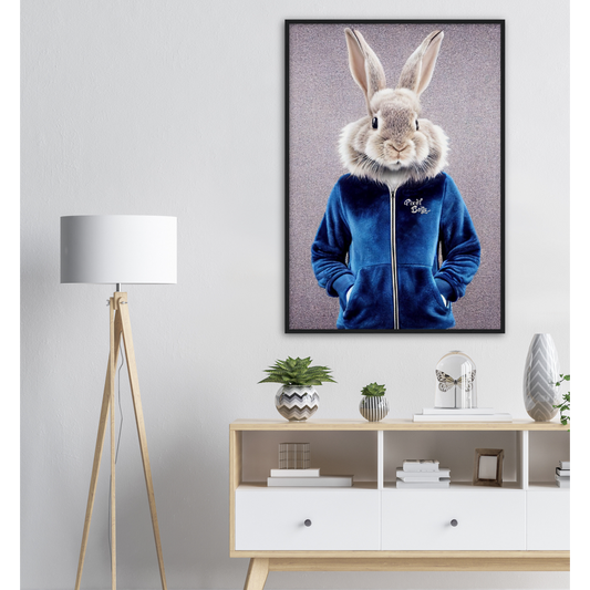 Poster mit Rahmen (Holz) - Bunny in blue Tracksuit - "Caesar" - Gang - Wandbild - Ostern - Geschenkidee - Osterhase - Bunny Crew: "Caesar" - "Constantin" - "Titus" - "Cleo" - Weisser Hase - Easter Bunny - Cute - blue Tracksuit - sweats - Gang - Modemarke -Pixelboys Brand - Caesar der Hase - Meister Lampe - Hase - Kaninchen - Karnickel - Stallhase - Künstler: "Pixelboys" - Atelier - Germany - Berlin - France - Paris - Italy - Rom - USA - America - New York City - Los Angeles - Chicago - Houston 
