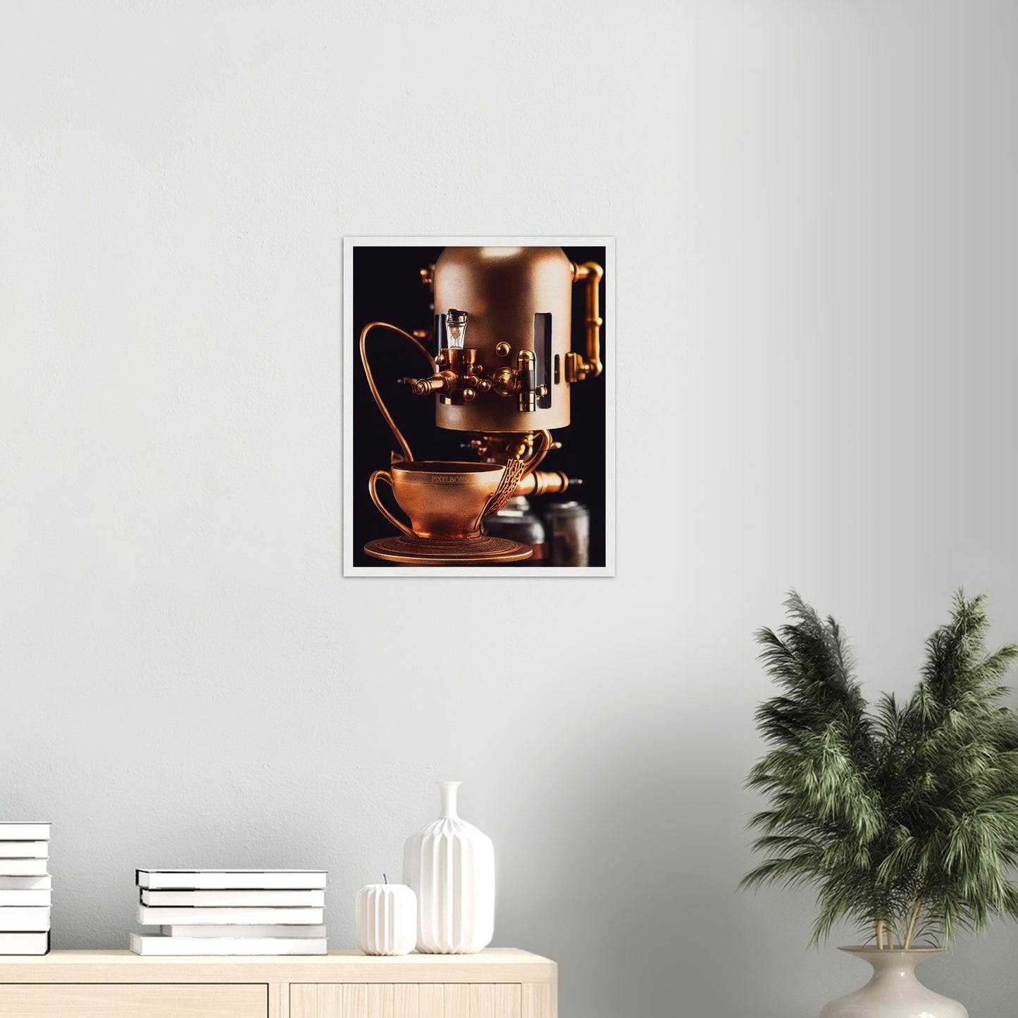 Poster mit Rahmen (Holz) - Steampunk - Coffee Maker - No.7 - Collection Cup - Pixelboys - Wandbild - Kunstwerk - Hotelkunst - Kunst auf Postern - Fine Art - Steampunk - Future - Maschine - Poster with frame - Office Poster - Art Brand - Pixelboys - Coffee House - Restaurant Poster - Wall Art - Kunstdruck - Geschenkidee - Kunst auf Acrylglas - Future Coffee Cup - Personalisierbare Tasse - Gastro Tasse - exklusiv - Acryldruck - Gastronomie Poster - Hotelposter - Teestube - Steam Punk Kitchen -   