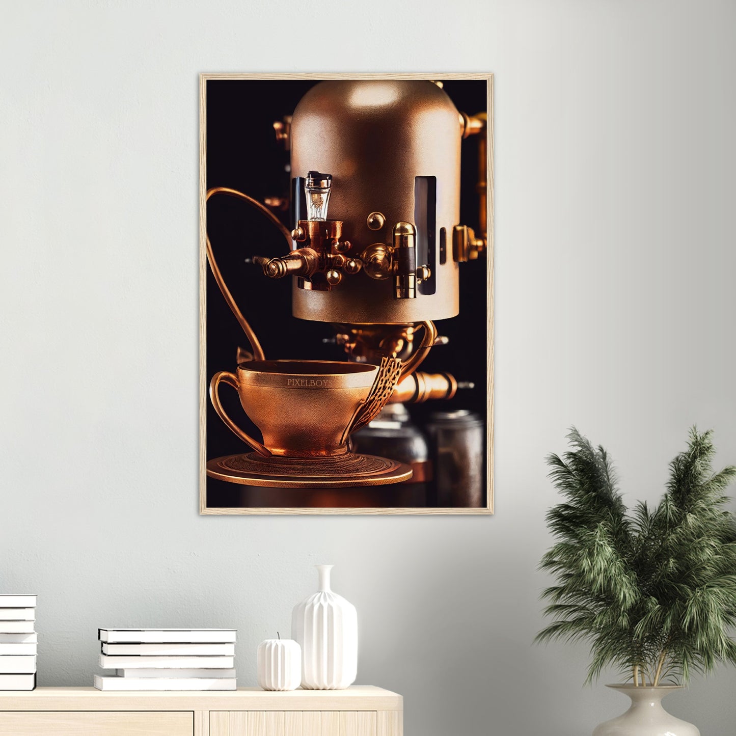 Poster mit Rahmen (Holz) - Steampunk - Coffee Maker - No.7 - Collection Cup - Pixelboys - Wandbild - Kunstwerk - Hotelkunst - Kunst auf Postern - Fine Art - Steampunk - Future - Maschine - Poster with frame - Office Poster - Art Brand - Pixelboys - Coffee House - Restaurant Poster - Wall Art - Kunstdruck - Geschenkidee - Kunst auf Acrylglas - Future Coffee Cup - Personalisierbare Tasse - Gastro Tasse - exklusiv - Acryldruck - Gastronomie Poster - Hotelposter - Teestube - Steam Punk Kitchen -   