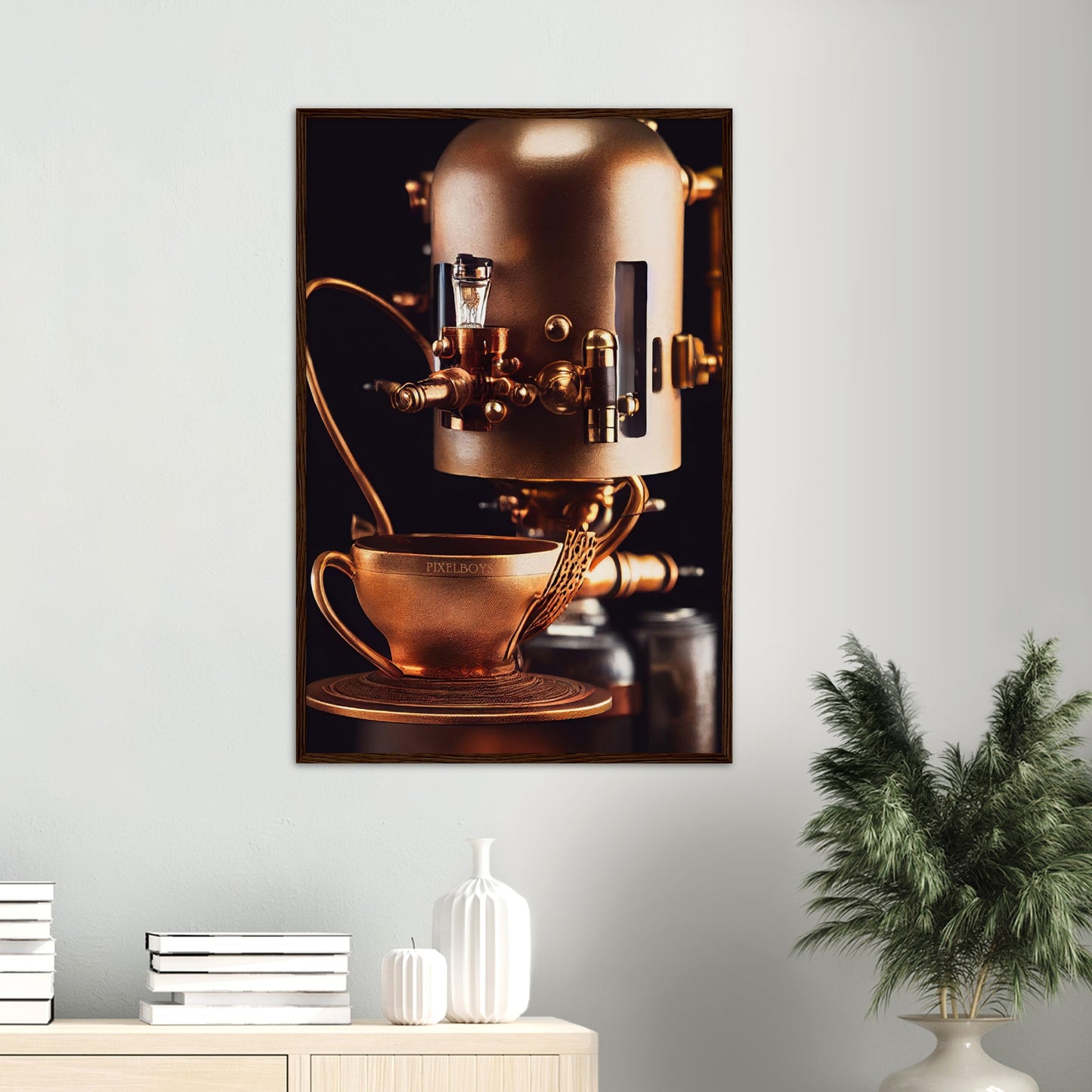 Poster mit Rahmen (Holz) - Steampunk - Coffee Maker - No.7 - Collection Cup - Pixelboys - Wandbild - Kunstwerk - Hotelkunst - Kunst auf Postern - Fine Art - Steampunk - Future - Maschine - Poster with frame - Office Poster - Art Brand - Pixelboys - Coffee House - Restaurant Poster - Wall Art - Kunstdruck - Geschenkidee - Kunst auf Acrylglas - Future Coffee Cup - Personalisierbare Tasse - Gastro Tasse - exklusiv - Acryldruck - Gastronomie Poster - Hotelposter - Teestube - Steam Punk Kitchen -   