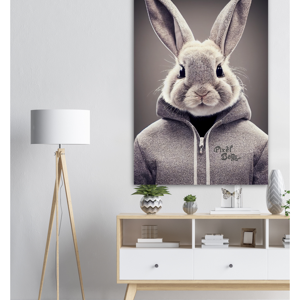 Poster in Museumsqualität - Bunny in grey Hoodie - "Constantin" - Fashion Gang - Wandbild - Ostern - Geschenkidee - Osterhase - Bunny Crew: "Constantin" - "Caesar" - "Titus" - "Cleo" - Weisser Hase - Easter Bunny - Cute - grey Hoodie - sweats - Alice's Adventures in Wonderland - Modemarke - Pixelboys Brand - Constantin der Hase - Hase - Kaninchen  - Künstler: "Pixelboys" - Atelier - Germany - Berlin - Hamburg - Colgne - France - Paris - Italy - Rom - USA - America - New York City - Los Angeles - Chicago - 