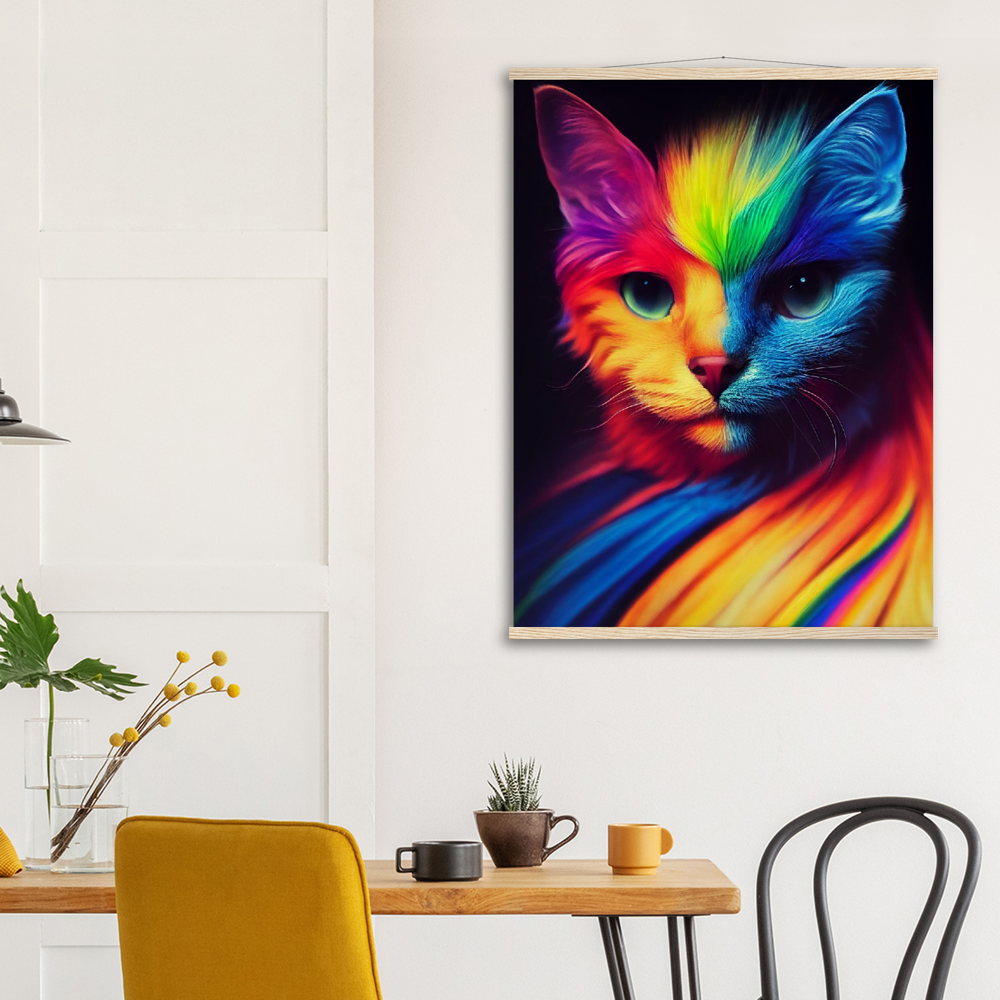 Poster Set mit Leisten aus Holz - Farbenfrohe Regenbogen Katze "Kitty" - Pride Bewegung Maskottchen -