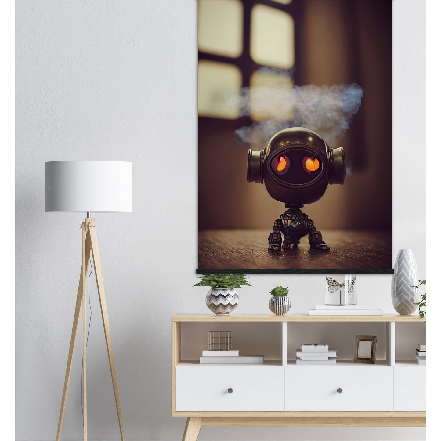 Poster mit Leisten (Holz) in Museumsqualität - Tiny robot - with smoke around his head - "Tiny Tim" - Wandbild - Customizable Coffee Cup - Personalized Gifts - Kunstdruck - Rauchender Roboter - Steampunk - Acryldruck - Smoking Robots - Personalized Gifts - Poster with frame - Wall Art - - zukunft - Kunstwerk - Office Poster - Poster mit Rahmen - Kaffee Tasse  - Bedruckte Tassen - Kunst Marke - Art Brand - Wandbild - Kunstdrucke - Künstler: John Grayst & Pixelboys - emotional robots - Geschenkidee 