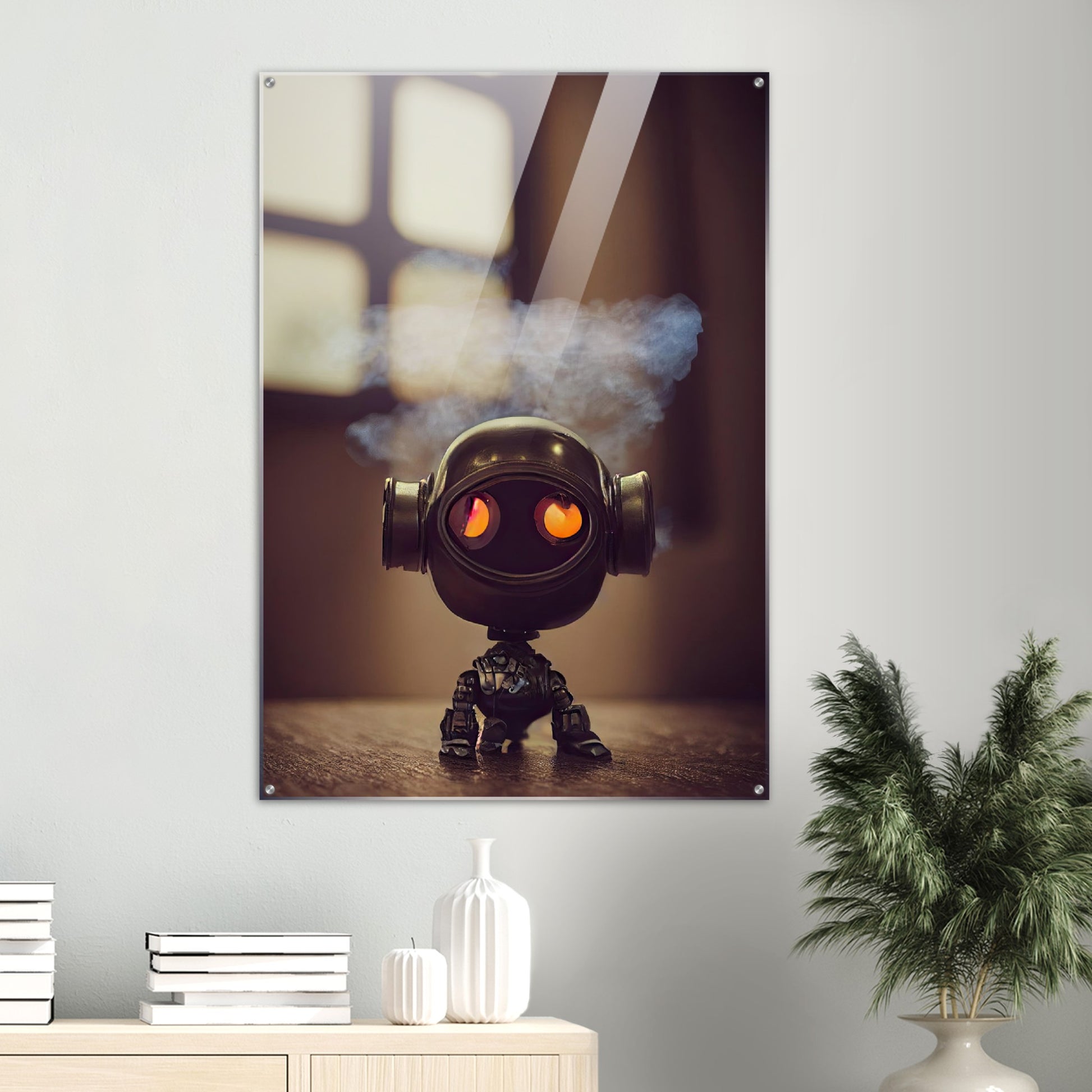 Acryldruck - in Museumsqualität - Tiny robot - with smoke around his head - "Tiny Tim" - Wandbild - Customizable Coffee Cup - Personalized Gifts - Kunstdruck - Rauchender Roboter - Steampunk - Acryldruck - Smoking Robots - Personalized Gifts - Poster with frame - nr.5 lebt - zukunft - Kunstwerk - Office Poster - Poster mit Rahmen - Kaffee Tasse  - Bedruckte Tassen - Kunst Marke - Art Brand - Wandbild - Kunstdrucke - Künstler: John Grayst & Pixelboys - emotional robots - Geschenkidee - Acrylbild -