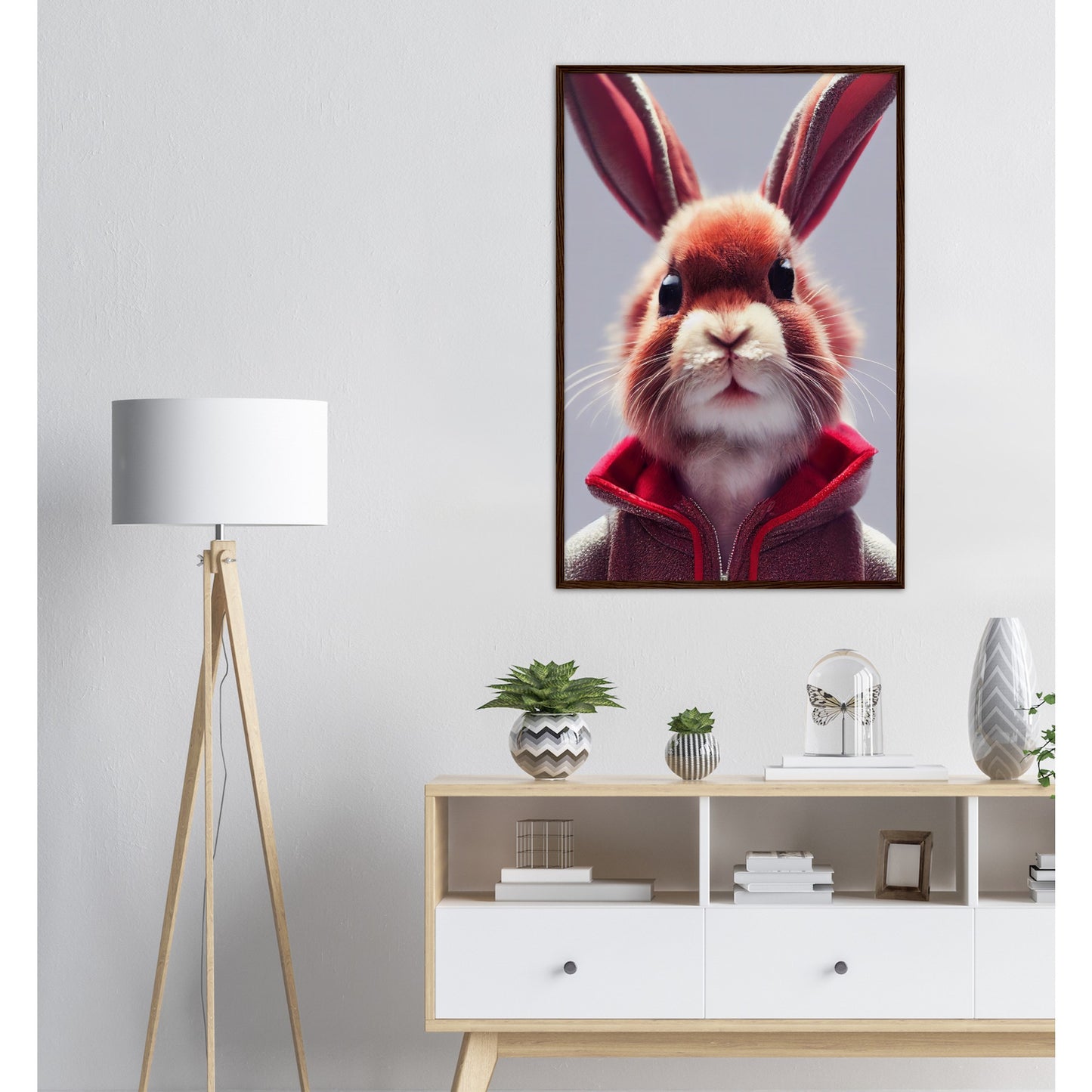 Poster mit Rahmen (Holz)- Museumsqualität - Bunny in grey red tracksuit - "Julius" - personalized mug - customized mug - Cute rabbit - Marke:- Pixelboys - Brand - Art Prints - Marke - Wandkunst - Papierstärke: 250g/qm - Wall Art - Bunny crey - Skater Betty - Hasen Gang - Original - Künstler:Pixelboys - Poster with frame - Office Poster - Trend - Wandschmuck - Atelier USA - 