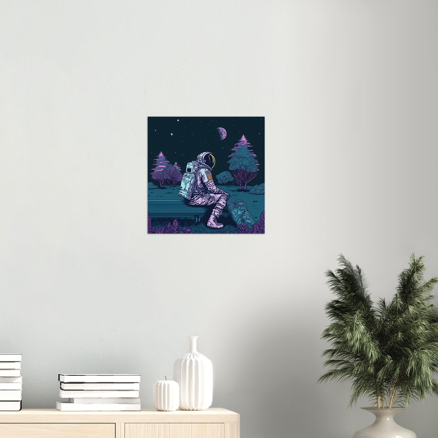 Poster in Museumsqualität - Stargazing Astronaut - John - Illustration - Astronaut - Parkbank - Rocketman - Posterleisten - USA - Fineart - Posterrahmen  - Wandkunst - Holzrahmen - Poster with frame - artwork - art brand - printed cup personalized - Holzleisten - pixelboys - Kunstdrucke - wandbilder - wall art - Kunst auf Tassen  - Office Poster - Gastrotassen - Wanddekoration - Acrylkunst - Geschenkidee - Office Poster - Acryldruck - Abstrakte Kunst -