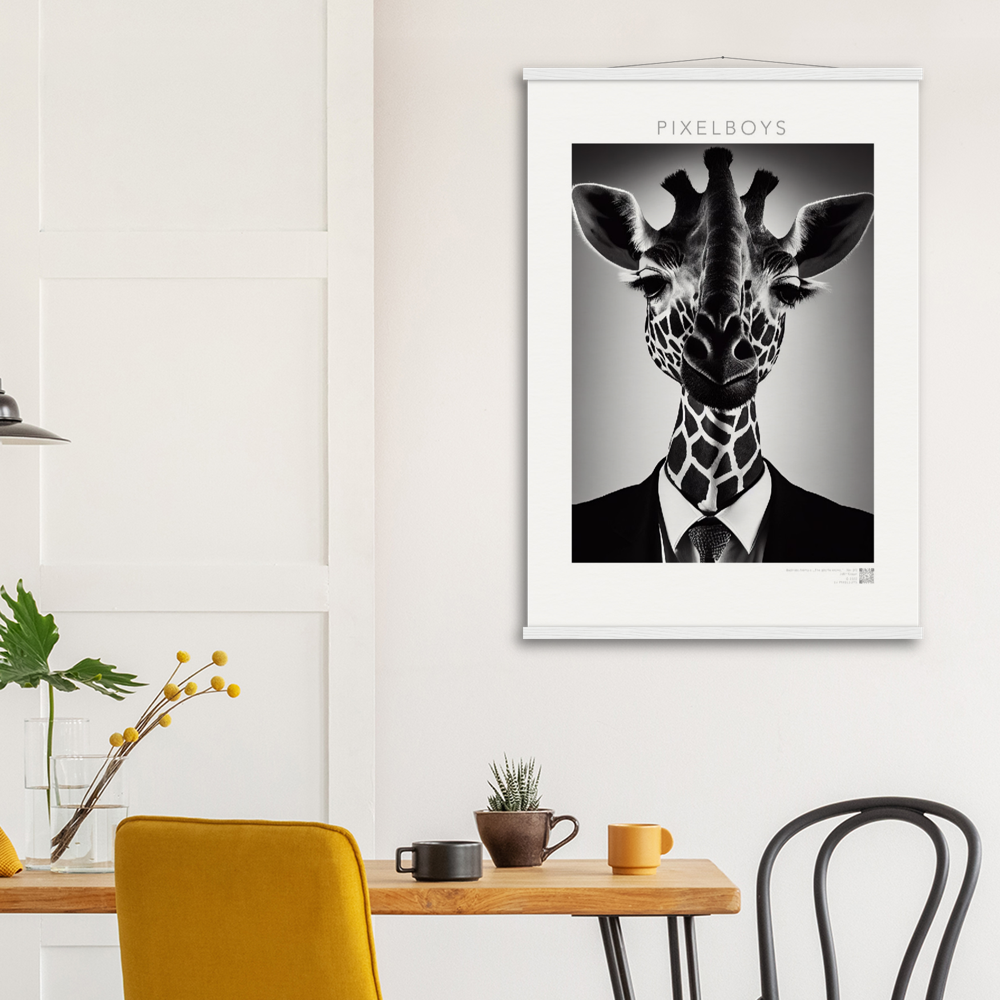 Poster mit Leisten (Holz) - "The giraffe knows" - Business Animals No. 2 "Bridget" - Künstler: "John Grayst" Kunstdruck - Wandbild - Poster - Pixelboys - Atelier - Milano - Berlin - Munich - Madrid - New York - Dubai - Paris - Tokio - Rom - Lisbon - Ottawa - Bern Switzerland - Amsterdam - Seoul - Vancouver - Antwerpen -