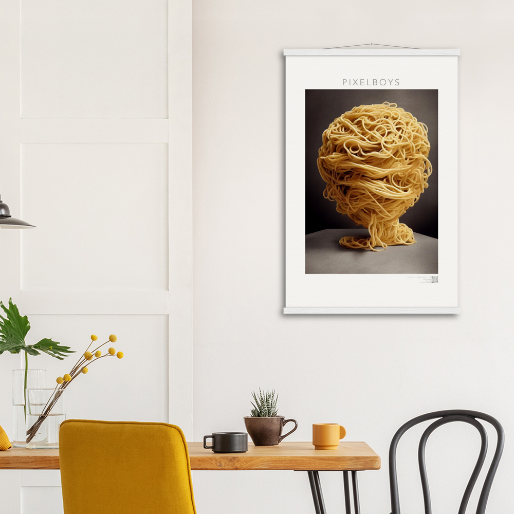 Poster mit Leisten (Holz) - Pastarized "The Beginning" - No.1 - Kunst Marke - Pixelboys - Kunstdruck - Papier: 250g/qm - Künstler: John Grayst & Pixelboys -  Pasta Liebe - Nudeln - Face - Atelier - Italien - Mailand - Neapel - Rom - Turin