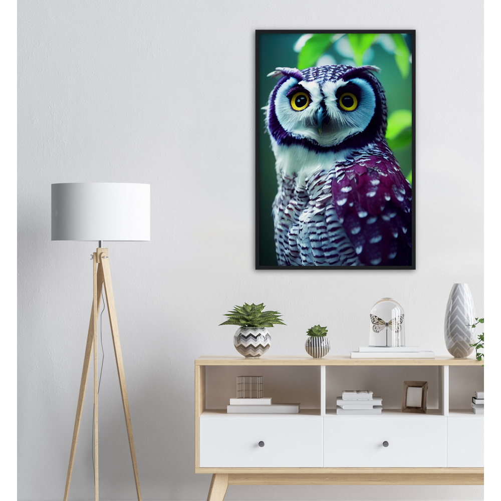 Poster mit Rahmen (Holz) - Fruit Owl No.5 - "Sini", the bluberry owl - Wandkunst - Kunstdruck - Heidelbeereule - (lat. bubo vaccinium) - Teebecher - Heidelbeere Eule - Fruchteulen - blueberry owl- Vogel - Uhu - Bird - Strigiformes - Noctua - Ornithologie - Kunstwerk  - Office Poster - Poster mit Rahmen - Kaffee Tasse - Poster mit Leisten - Bedruckte Tassen - Kunst Marke - Art Brand - Acryldruck - Wandbild - Kunstdrucke - Papier: 250g/qm - Künstler: John Grayst & Pixelboys - Eulen - Owl - Geschenkidee - 