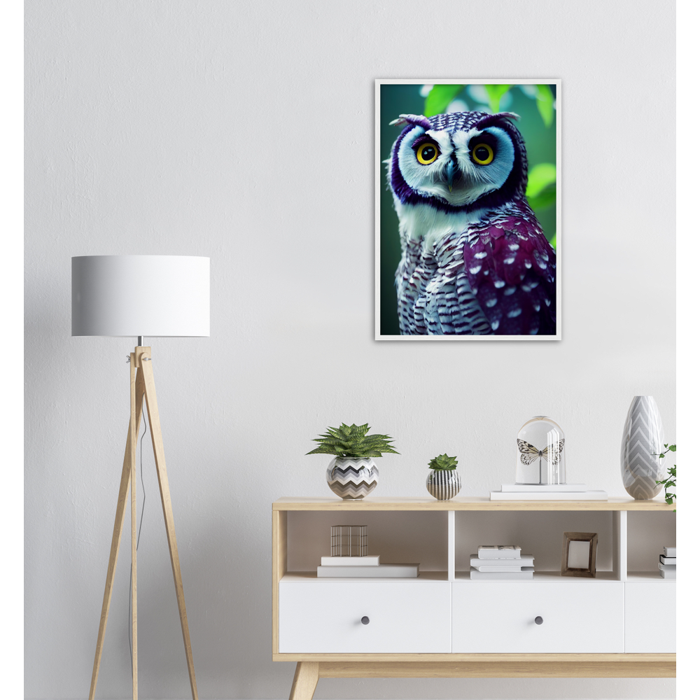 Poster mit Rahmen (Holz) - Fruit Owl No.5 - "Sini", the bluberry owl - Wandkunst - Kunstdruck - Heidelbeereule - (lat. bubo vaccinium) - Teebecher - Heidelbeere Eule - Fruchteulen - blueberry owl- Vogel - Uhu - Bird - Strigiformes - Noctua - Ornithologie - Kunstwerk  - Office Poster - Poster mit Rahmen - Kaffee Tasse - Poster mit Leisten - Bedruckte Tassen - Kunst Marke - Art Brand - Acryldruck - Wandbild - Kunstdrucke - Papier: 250g/qm - Künstler: John Grayst & Pixelboys - Eulen - Owl - Geschenkidee - 