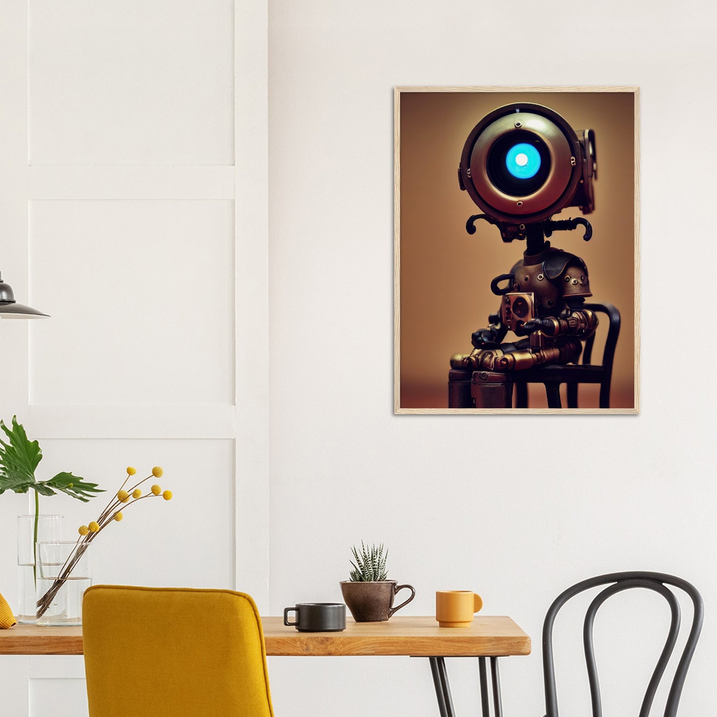 Poster mit Rahmen (Holz) - Museumsqualität -  Tiny robot with coffee - "Bobby" - Wandkunst - Papierdicke: 250g/qm - Customizable Coffee Cup - Personalized Gifts - Kunstdruck - Kleine Roboter - Acryldruck - Little Robots - Personalized Gifts - Tiny  - Steampunk - zukunft - Poster with frame - Kunstwerk - Office Poster - Poster mit Rahmen - Kaffee Tasse - Poster - Bedruckte Tassen - Kunst Marke - Art Brand - Wandbild - Kunstdrucke - Künstler: John Grayst & Pixelboys - emotional robots - Geschenkidee -