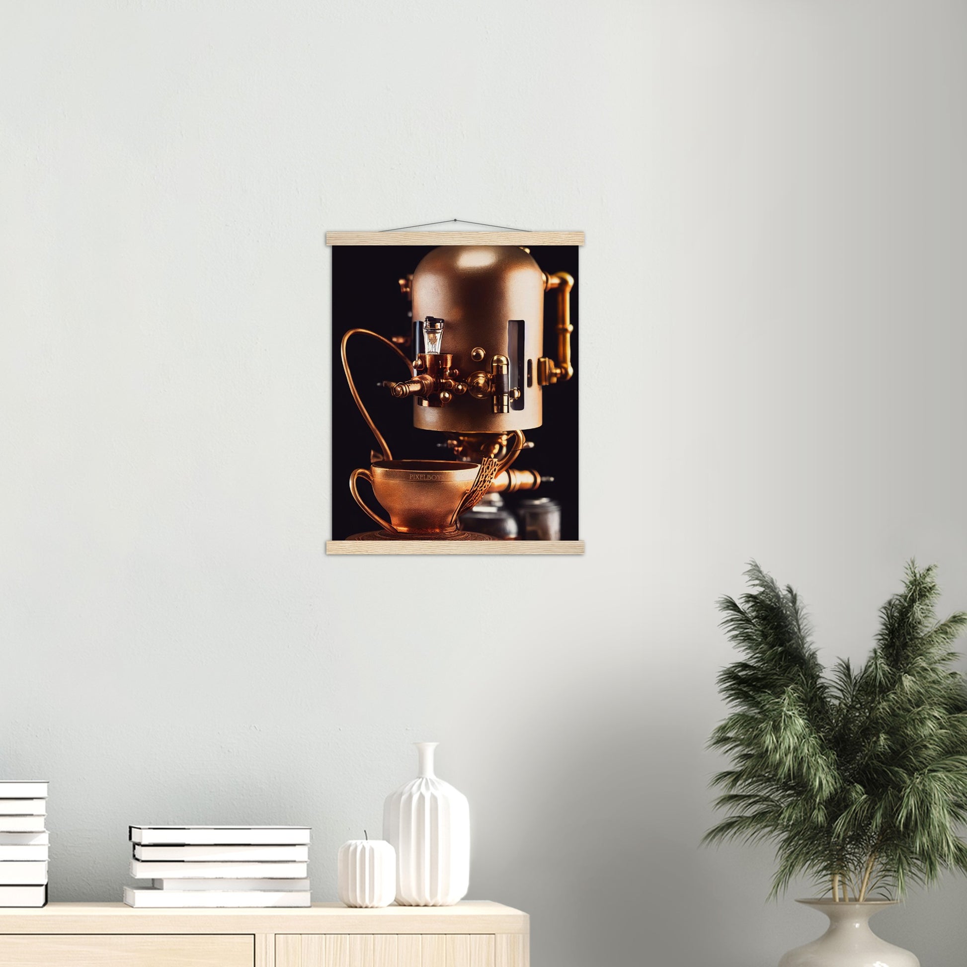 Poster mit Leisten (Holz) - Steampunk - Coffee Maker - No.7 - Collection Cup - Pixelboys - Wandbild - Kunstwerk - Hotelkunst - Kunst auf Postern - Fine Art - Steampunk - Future - Maschine - Poster with frame - Office Poster - Art Brand - Pixelboys - Coffee House - Restaurant Poster - Wall Art - Kunstdruck - Geschenkidee - Kunst auf Acrylglas - Future Coffee Cup - Personalisierbare Tasse - Gastro Tasse - exklusiv - Acryldruck - Gastronomie Poster - Hotelposter - Teestube - Steam Punk Kitchen -   