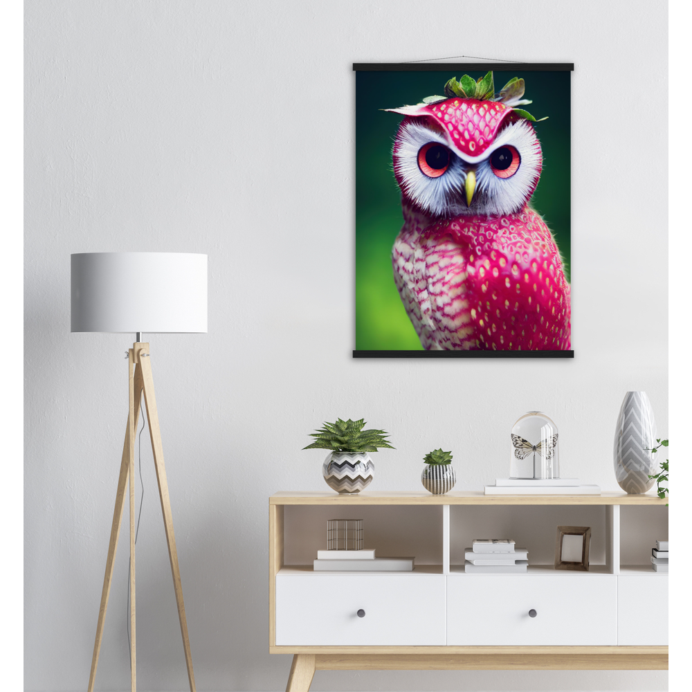 Poster mit Leisten (Holz) - Fruit Owl No. 2 - "Berry", the Strawberry Owl - Serie Fruit Owls - Wandkunst - Kunstdruck - (fiktiv: lat.  Pulsatrix Fragaria) - Erdbeere - Schleiereulen - Fruchteulen - Vogel - Bird - Strigiformes - Noctua - Ornithologie - Kunstwerk  - Office Poster - Poster mit Rahmen - Kaffee Tasse - Poster mit Leisten - Bedruckte Tassen - Kunst Marke - Art Brand - Acrylbild - Wandbild - Kunstdrucke - Papier: 250g/qm - Künstler: John Grayst & Pixelboys - Eulen - Owl - Geschenkidee - 