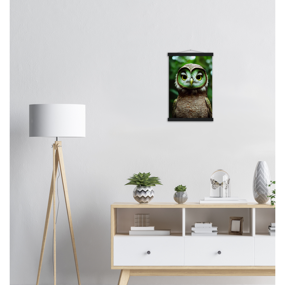 Poster mit Leisten (Holz) - Fruit Owl No. 4 - "Kiki", the Kiwi Owl - Wandkunst - Kunstdruck - (lat. tyto actinidia) - Kiwi Eule - Kiwi Owl - Fruchteulen - Vogel - Bird - Strigiformes - Noctua - Ornithologie - Kunstwerk  - Office Poster - Poster mit Rahmen - Kaffee Tasse - Poster mit Leisten - Bedruckte Tassen - Kunst Marke - Art Brand - Acryldruck - Wandbild - Kunstdrucke - Papier: 250g/qm - Künstler: John Grayst & Pixelboys - Eulen - Owl - Geschenkidee - 