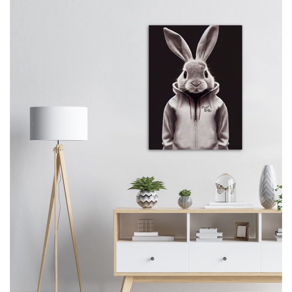 Poster in Museumsqualität - Bunny in grey tracksuit - Fashion Gang - Wandbild - Ostern - Geschenkidee - Osterhase - Bunny Crew: "Valerian" - "Caesar" - "Constantin" - "Cleo"-Titus - Weisser Hase - Easter Bunny - Cute - grey tracksuit - sweats - Alice's Adventures in Wonderland - Modemarke - Pixelboys Brand - Valerian der Hase - Kaninchen  - Künstler: "Pixelboys" - Atelier - Germany - Berlin - Hamburg - Colgne - France - Paris - Italy - Rom - USA - America - New York City - Los Angeles - Chicago - 