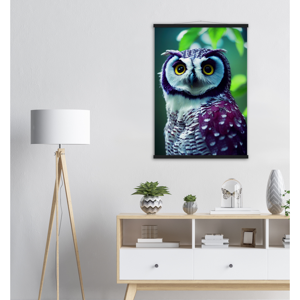 Poster mit Leisten (Holz) - Fruit Owl No.5 - "Sini", the bluberry owl - Wandkunst - Kunstdruck - Heidelbeereule - (lat. bubo vaccinium) - Teebecher - Heidelbeere Eule - Fruchteulen - blueberry owl- Vogel - Uhu - Bird - Strigiformes - Noctua - Ornithologie - Kunstwerk  - Office Poster - Poster mit Rahmen - Kaffee Tasse - Poster mit Leisten - Bedruckte Tassen - Kunst Marke - Art Brand - Acryldruck - Wandbild - Kunstdrucke - Papier: 250g/qm - Künstler: John Grayst & Pixelboys - Eulen - Owl - Geschenkidee - 