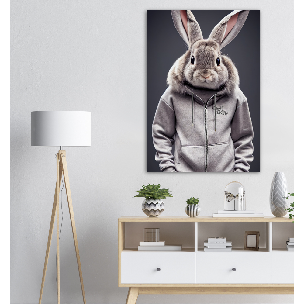 Poster in Museumsqualität - Bunny in grey Tracksuit - "Titus" - Fashion Gang - Becher - Ostern - Geschenkidee - Osterhase - Bunny Crew: "Titus" - "Caesar" - "Constantin" - "Cleo" - Weisser Hase - Easter Bunny - Cute - grey tracksuit - sweats - Alice's Adventures in Wonderland - Modemarke - Pixelboys Brand - Constantin der Hase - Hase - Kaninchen  - Künstler: "Pixelboys" - Atelier - Germany - Berlin - Hamburg - Colgne - France - Paris - Italy - Rom - USA - America - New York City - Los Angeles - Chicago - 