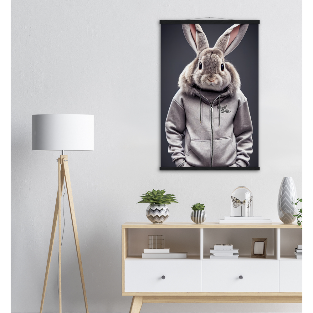 Poster mit Leisten (Holz) - Bunny in grey Tracksuit - "Titus" - Fashion Gang - Wandbild - Ostern - Geschenkidee - Osterhase - Bunny Crew: "Titus" - "Caesar" - "Constantin" - "Cleo" - Weisser Hase - Easter Bunny - Cute - grey tracksuit - sweats - Alice's Adventures in Wonderland - Modemarke - Pixelboys Brand - Constantin der Hase - Hase - Kaninchen  - Künstler: "Pixelboys" - Atelier - Germany - Berlin - Hamburg - Colgne - France - Paris - Italy - Rom - USA - America - New York City - Los Angeles - Chicago - 