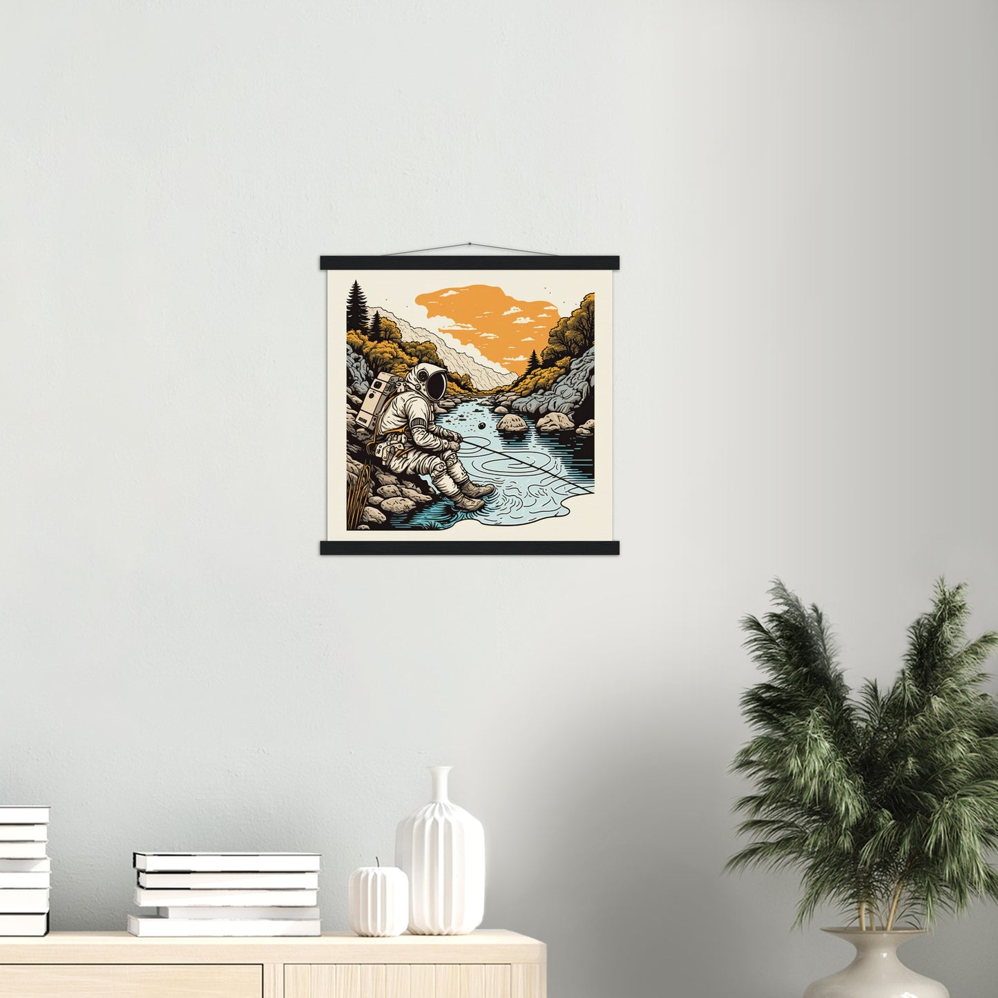 Poster mit Leisten (Holz) - in Museumsqualität - Fishing Astronaut - Buzz - Angeln - Astronaut - Natur - Posterleisten - USA - Fineart - Posterrahmen  - Wandkunst - Holzrahmen - Poster with frame - people of color - artwork - art brand - printed cup personalized - Holzleisten - pixelboys - Kunstdrucke - wandbilder - wall art - Kunst auf Tassen  - Office Poster - Gastrotassen - Wanddekoration - Acrylkunst - Geschenkidee - Office Poster - Acryldruck - Abstrakte Kunst -