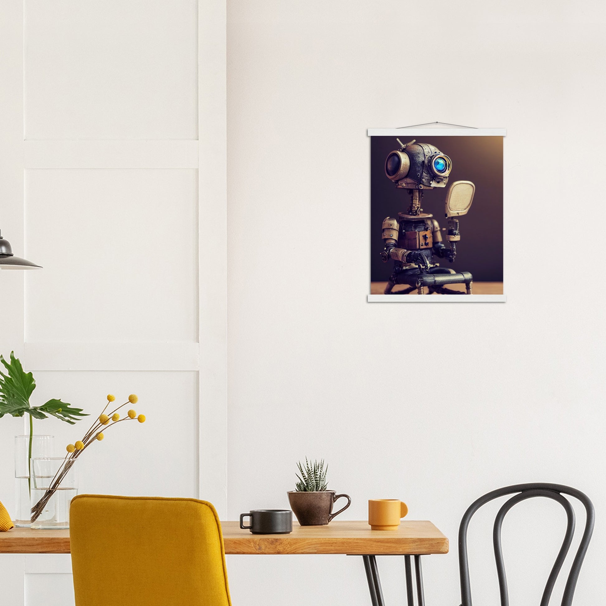 Poster mit Leisten (Holz) in Museumsqualität - Tiny robot with a mirror - Hitoshi 人 - Wall Art - Spiegel - Acryldruck - Wandkunst - Customizable Coffee Cup - Personalized Gifts - Kunstdruck - Kleine Roboter - Acryldruck - Little Robots - Personalized Gifts - Tiny  - Steampunk - zukunft - Poster with frame - Kunstwerk - Office Poster - Poster mit Rahmen - Kaffee Tasse - Poster - Bedruckte Tassen - Kunst Marke - Art Brand - Kunstdrucke - Künstler: John Grayst & Pixelboys - emotional robots - Geschenkidee - 