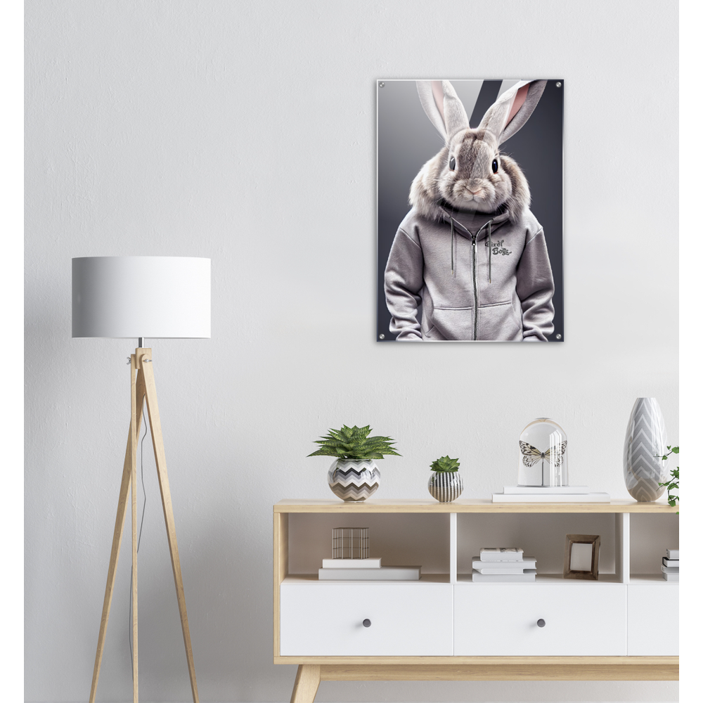 Acrylbild - Bunny in grey Tracksuit - "Titus" - Fashion Gang - Acryldruck - Ostern - Geschenkidee - Osterhase - Bunny Crew: "Titus" - "Caesar" - "Constantin" - "Cleo" - Weisser Hase - Easter Bunny - Cute - grey tracksuit - sweats - Alice's Adventures in Wonderland - Modemarke - Pixelboys Brand - Constantin der Hase - Hase - Kaninchen  - Künstler: "Pixelboys" - Atelier - Germany - Berlin - Hamburg - Colgne - France - Paris - Italy - Rom - USA - America - New York City - Los Angeles - Chicago - 